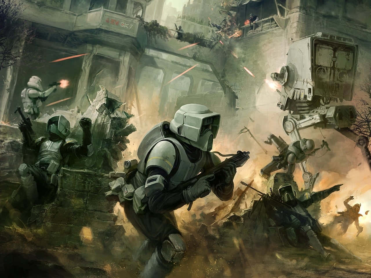 Galactic Empire 桌布 壁紙 — 身穿白色盔甲的複製人在倒塌的城市廢墟中與戰鬥機器人作戰，伴隨著爆炸和飛揚的碎片。