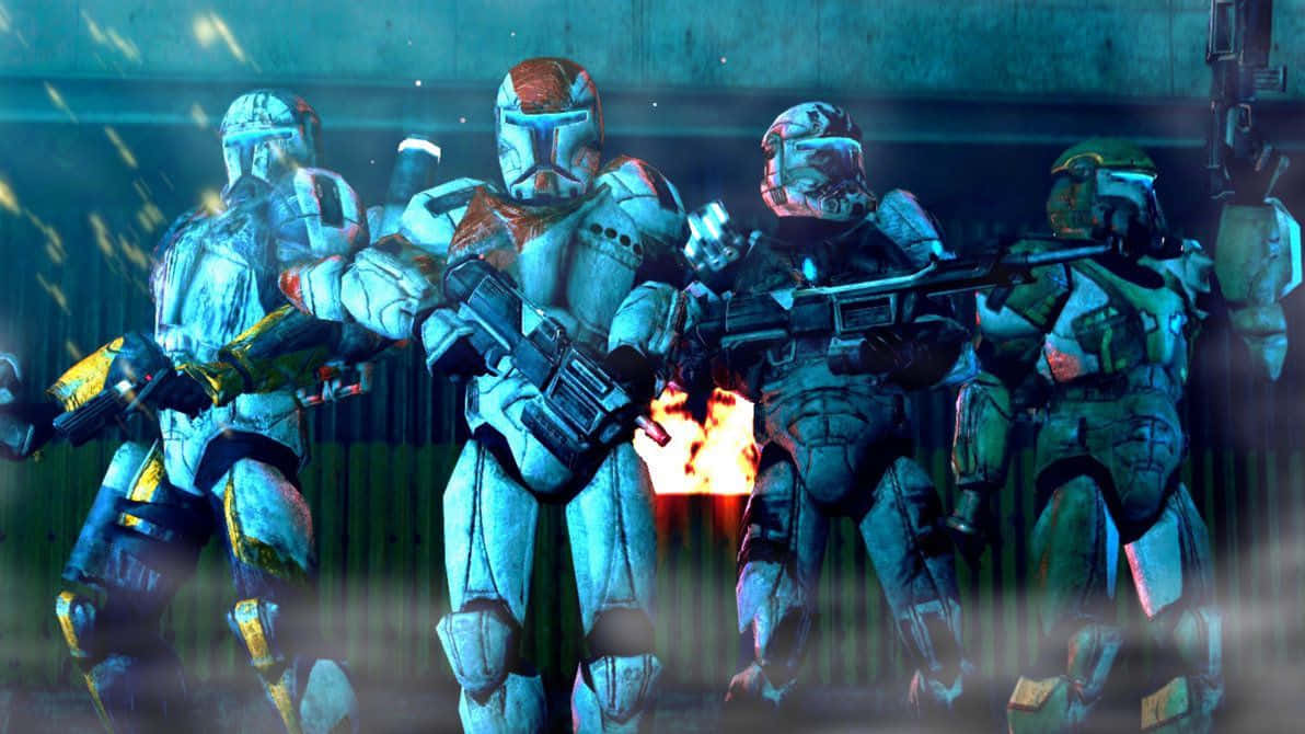 Republic Commando 桌布 壁紙 — 身穿白色盔甲的複製人士兵在雨中的城市小巷中開火，槍口閃爍著橙色光芒。