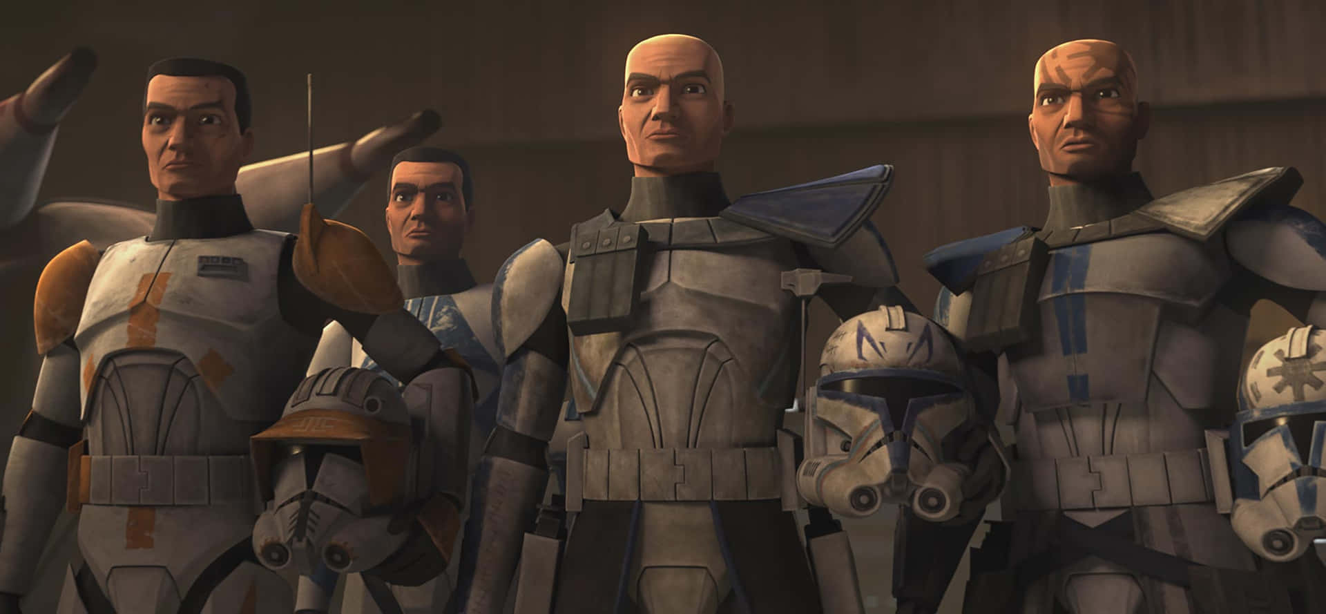 The Clone Army 桌布 壁紙 — 身穿白色盔甲的複製人站在燈光昏暗的房間裡，頭盔放在腳邊。