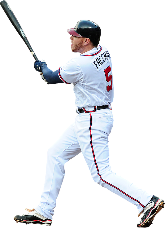 亞特蘭大勇士 桌布 壁紙 — 身穿白色紅色飾邊球衣的棒球選手 Freddie Freeman 在黑色背景下揮棒中。