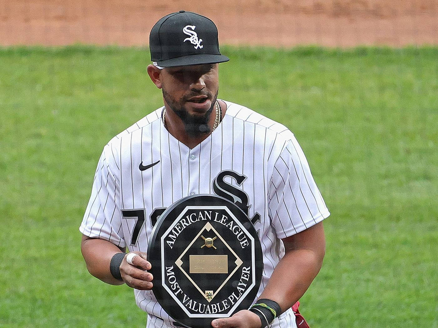 jose abreu 桌布 壁紙 — 身穿白色細條紋球衣的棒球選手在綠色球場上高舉美國聯盟最有價值球員獎盃。