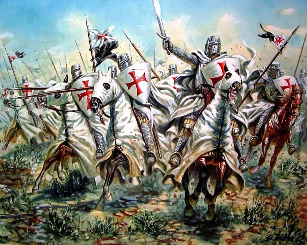 Crusader 桌布 壁紙 — 身穿白色罩袍、帶有紅色十字的騎士騎馬衝過泥濘的田野，天空明亮。