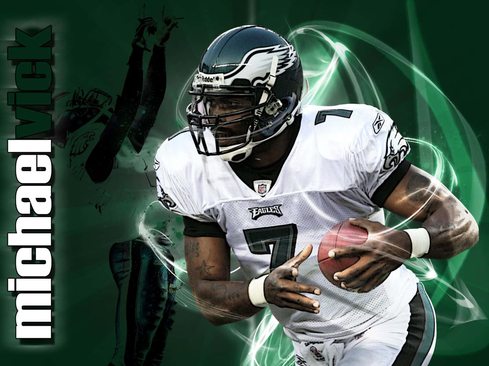 Best 桌布 壁紙 — 身穿白色老鷹隊球衣的足球運動員 Michael Vick 在發光的綠色能量漩渦背景下帶著足球奔跑。