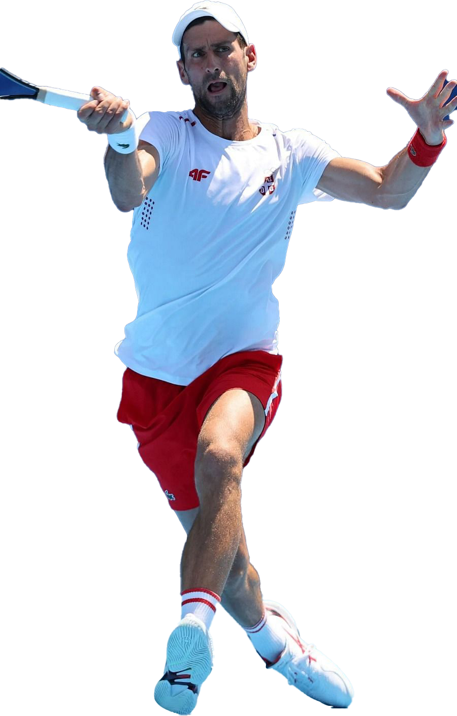 Athlete 桌布 壁紙 — 身穿白色襯衫和紅色短褲的網球選手在純色背景下全神貫注地揮拍。