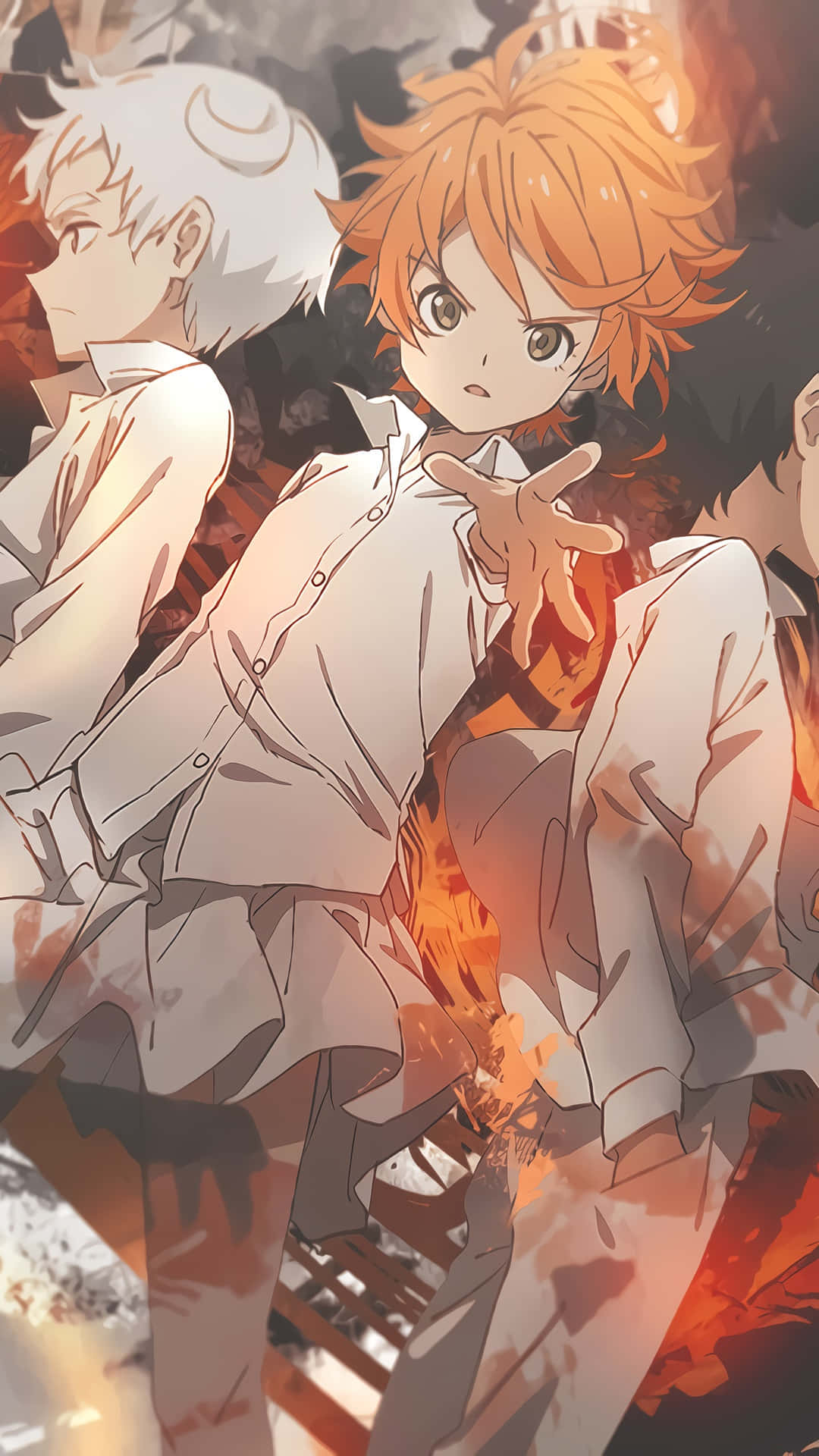 Ray The Promised Neverland 桌布 壁紙 — 身穿白色襯衫的動漫角色站在熾熱的橙色和紅色火焰中，表情堅定。