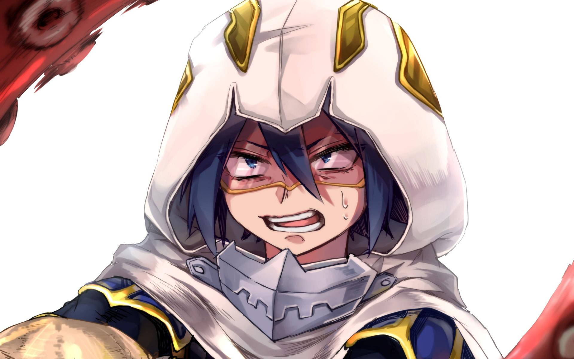 Tamaki Amajiki 桌布 壁紙 — 身穿白色金色連帽盔甲的動漫角色，在純白背景上兇狠地咧嘴笑，帶有汗珠。