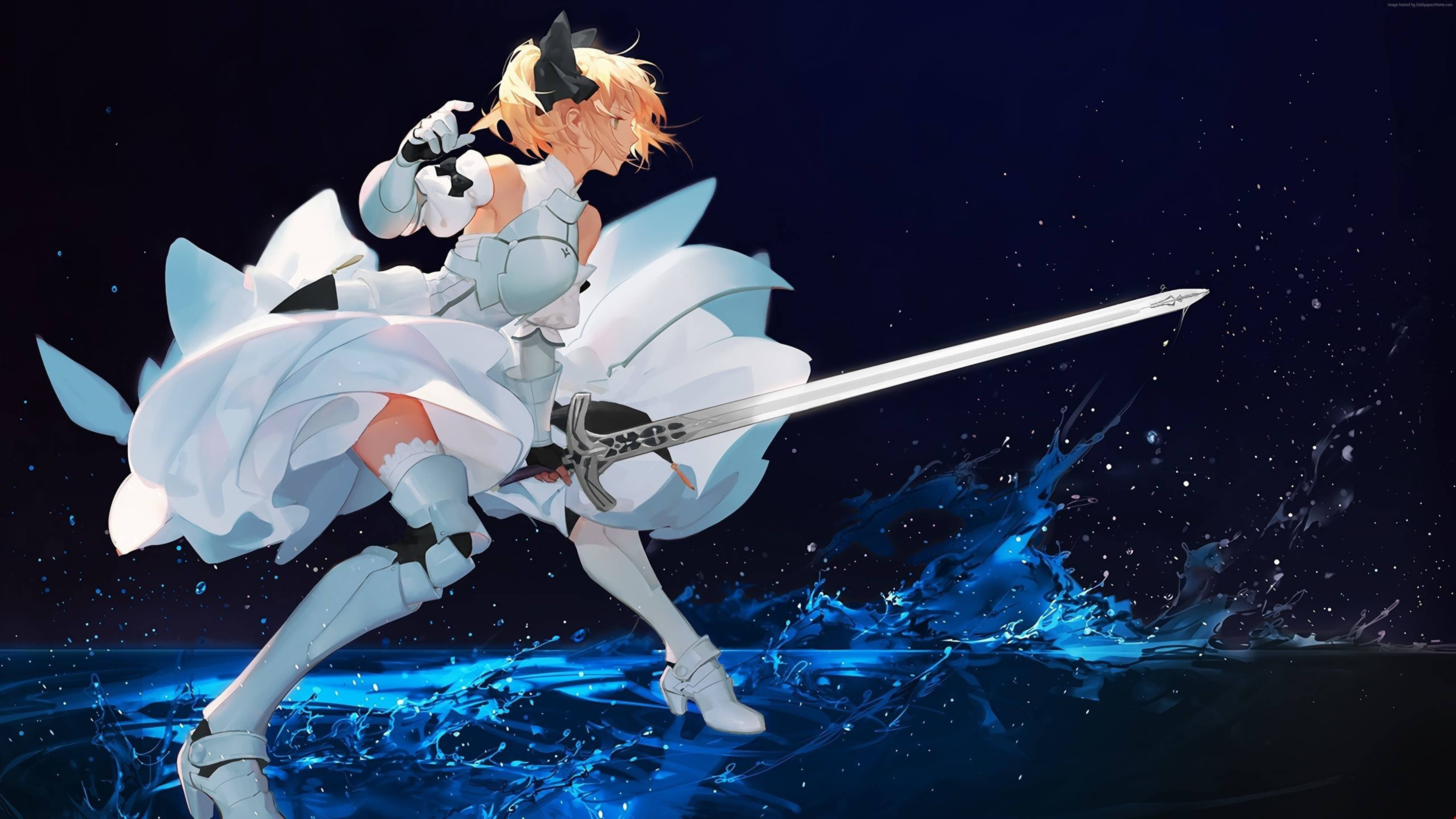Cool Anime Girl 桌布 壁紙 — 身穿白色鎧甲的動畫少女在星夜背景下，於水花中揮劍，帶有動態模糊效果。