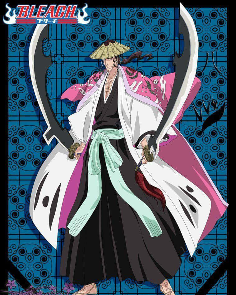 Shunsui Kyoraku 桌布 壁紙 — 身穿白色長袍、戴著草帽的動漫角色，在藍色圖案背景前揮舞兩把大劍。