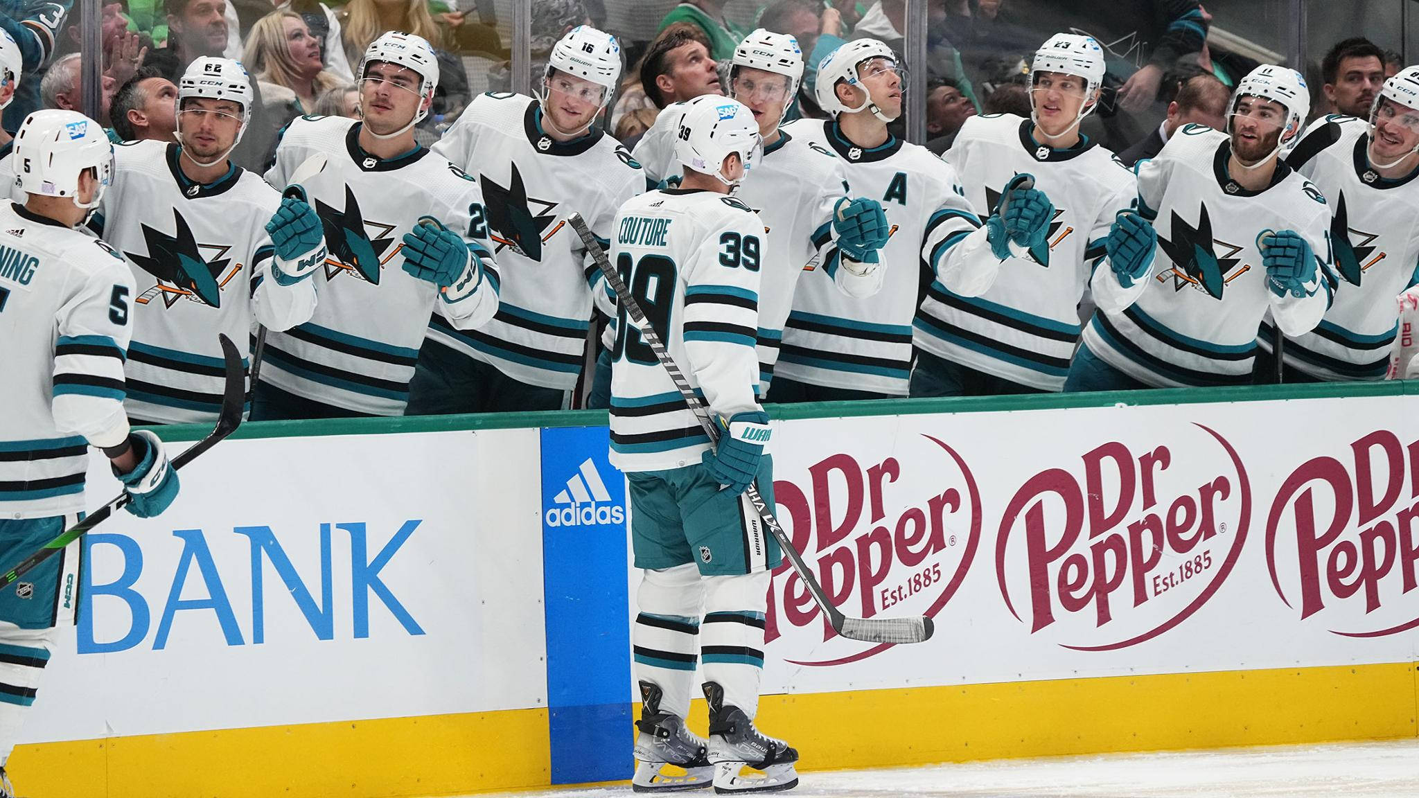 hockey 桌布 壁紙 — 身穿白色青綠色球衣的曲棍球運動員在球場圍板附近慶祝，背景有球迷。