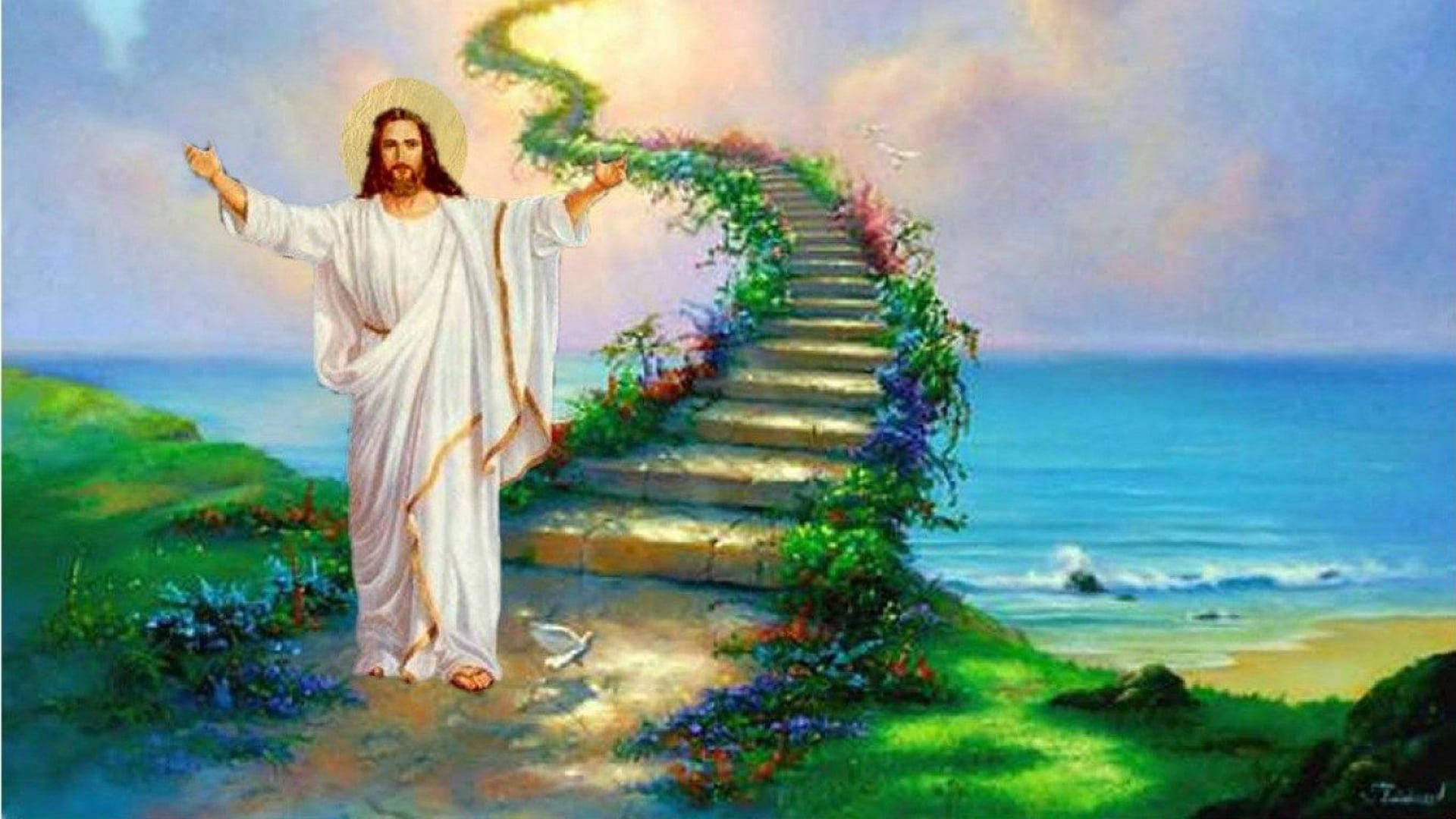 高清 桌布 壁紙 — 身穿白袍的耶穌基督，在平靜的海洋上空，歡迎地站在一條蜿蜒的花卉樓梯旁，這樓梯通往天堂。