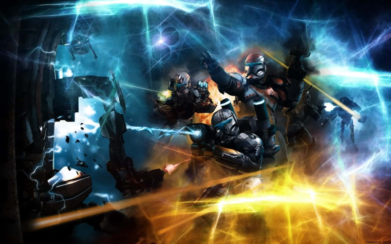 Republic Commando 桌布 壁紙 — 身穿盔甲的克隆人在黑暗科幻場景中，於爆炸性的藍色和黃色能量衝擊波中戰鬥。