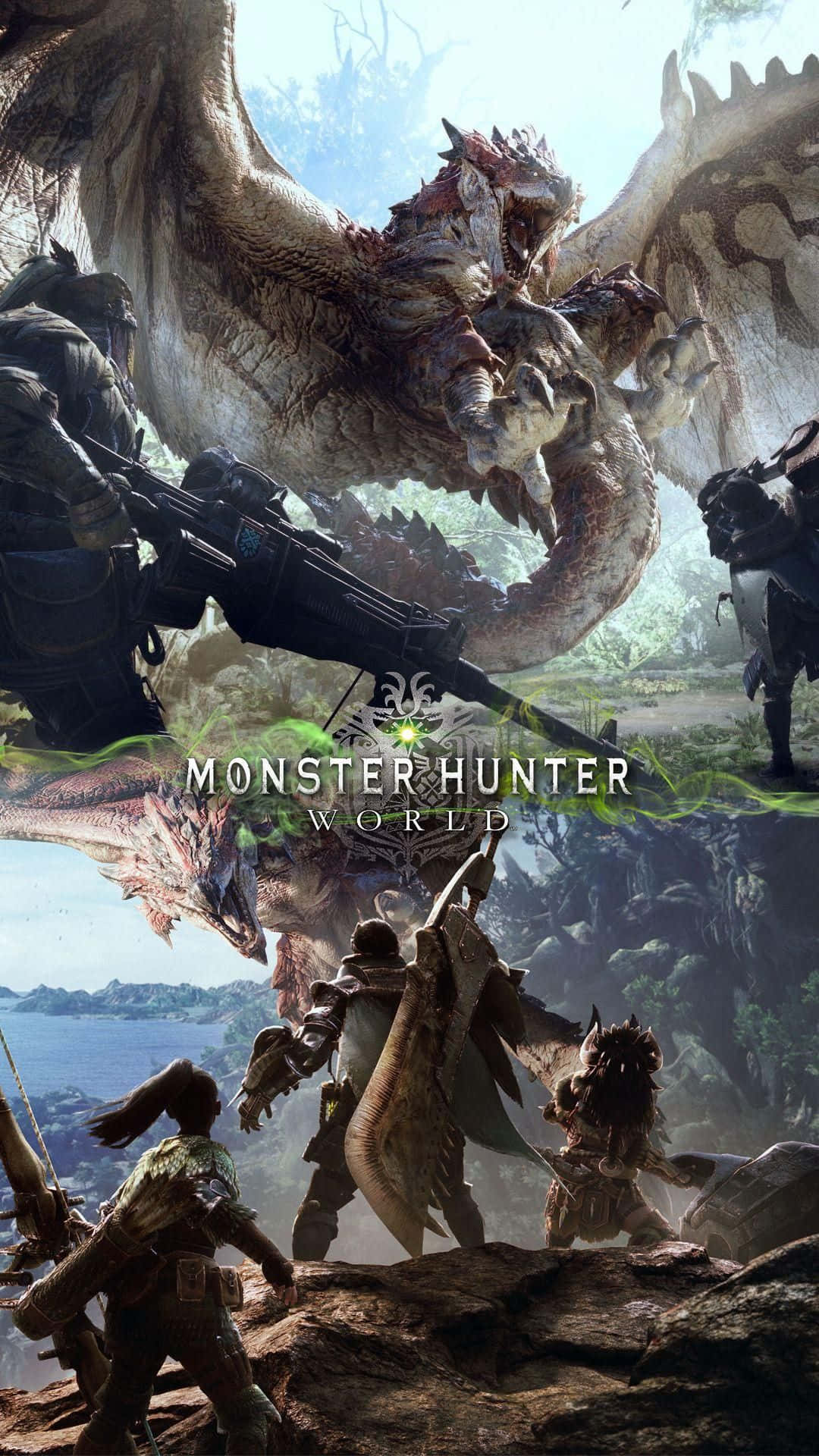 Android Monster Hunter World 桌布 壁紙 — 身穿盔甲的怪物獵人在俯瞰大海的懸崖上與一隻巨大的有翼巨龍戰鬥。