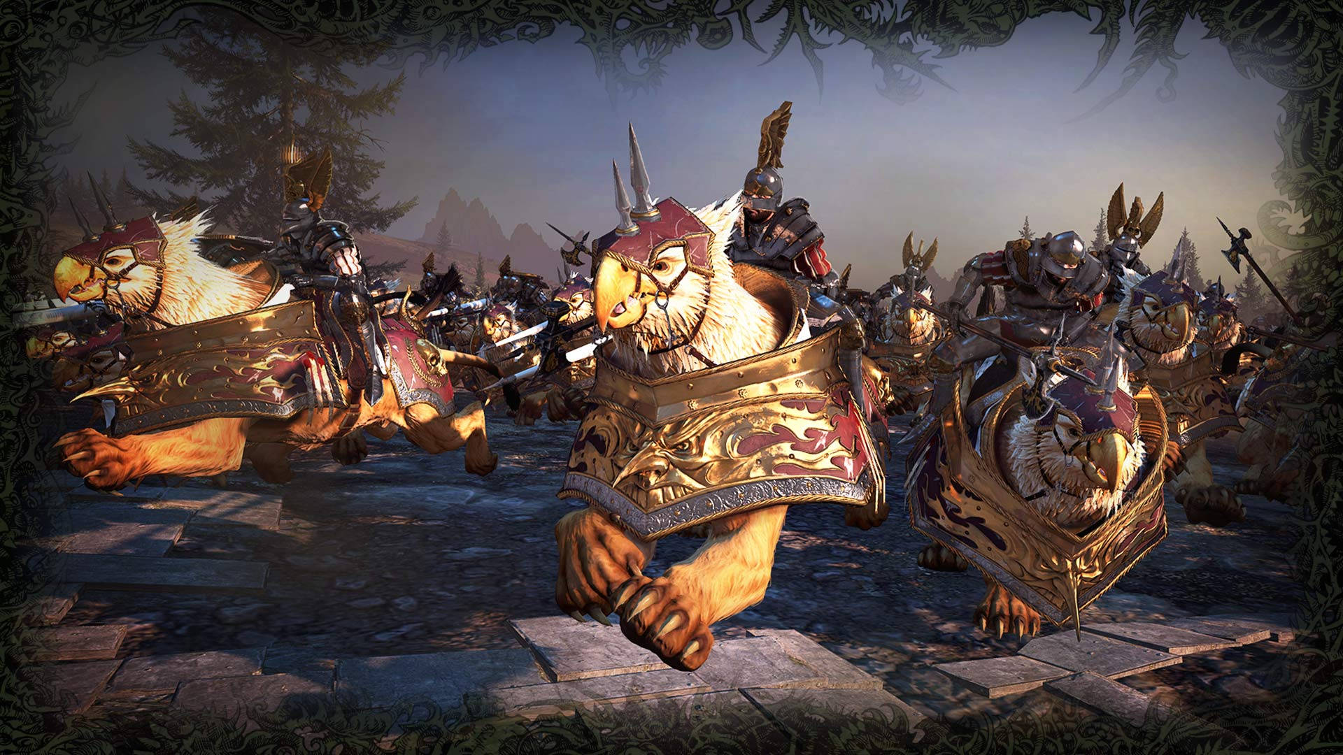 Total War Warhammer 2 桌布 壁紙 — 身穿盔甲的戰士騎著巨大的貓科野獸，穿過黎明時分黑暗森林中一條霧氣瀰漫的石徑。