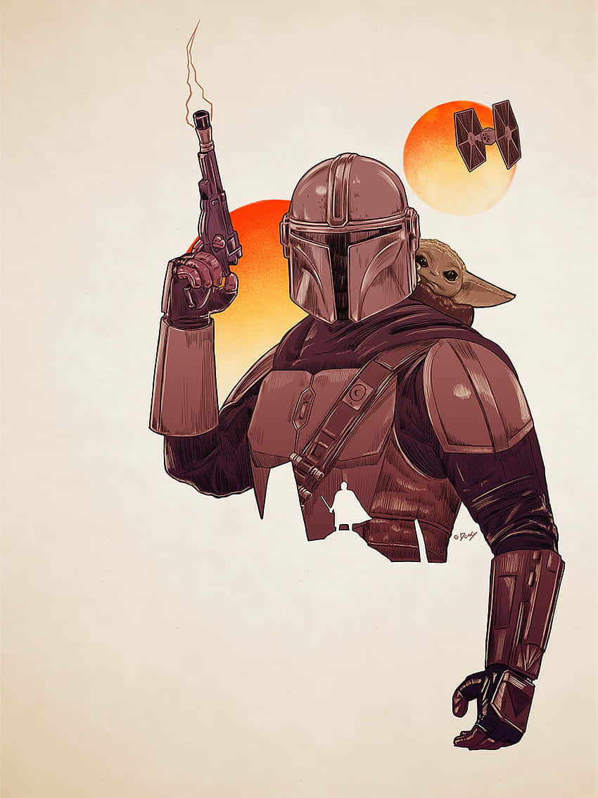 Mandalorian Pc 桌布 壁紙 — 身穿盔甲的曼達洛人手持冒煙的爆能槍，古古從他肩膀後探頭，背景是溫暖的日落和TIE戰機。