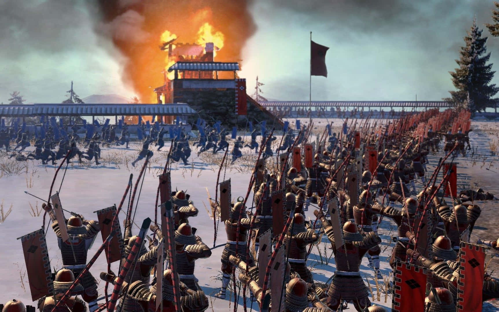 Shogun 桌布 壁紙 — 身穿盔甲的武士在雪地戰場上衝鋒，燃燒的木製堡壘在多雲的天空下爆發火焰。