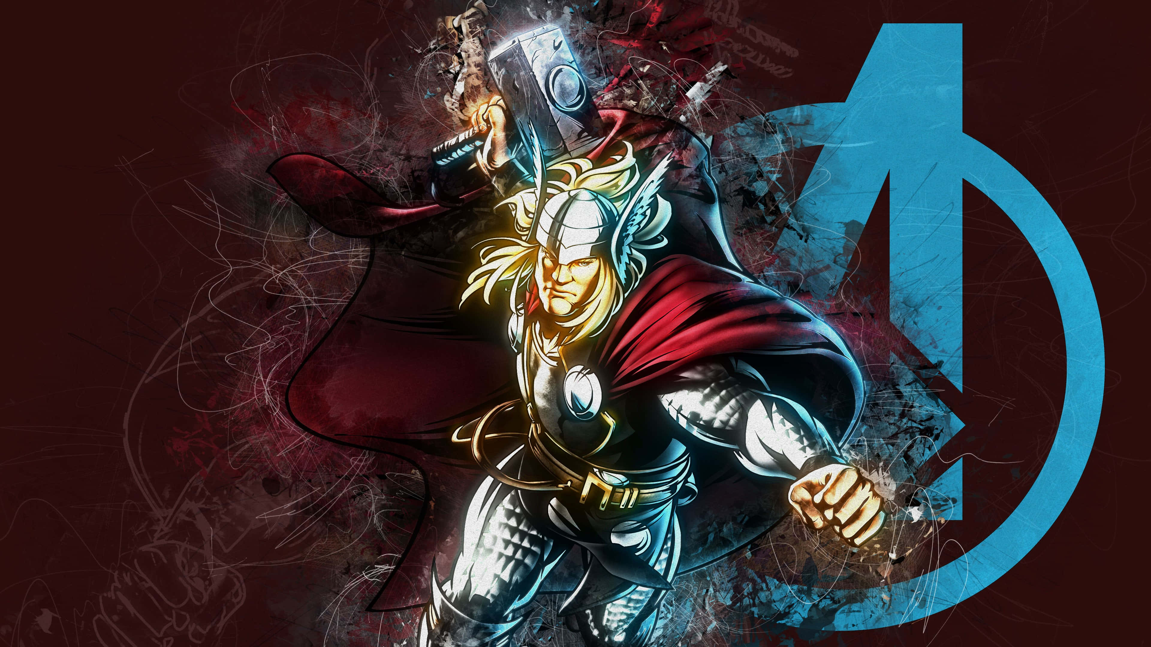 Marvel Vs Capcom Characters 桌布 壁紙 — 身穿盔甲的索爾在深紅色背景上，於動態能量爆發和發光的復仇者聯盟標誌中揮舞著他的錘子。