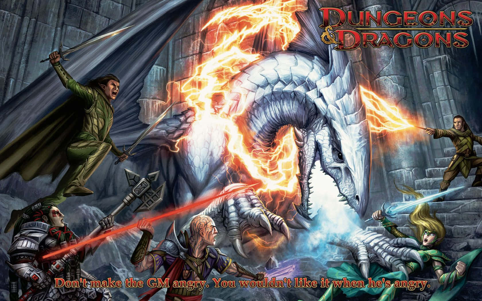 Dungeons And Dragons 桌布 壁紙 — 身穿盔甲的英雄們在石製地牢中與噴火巨型白龍戰鬥。