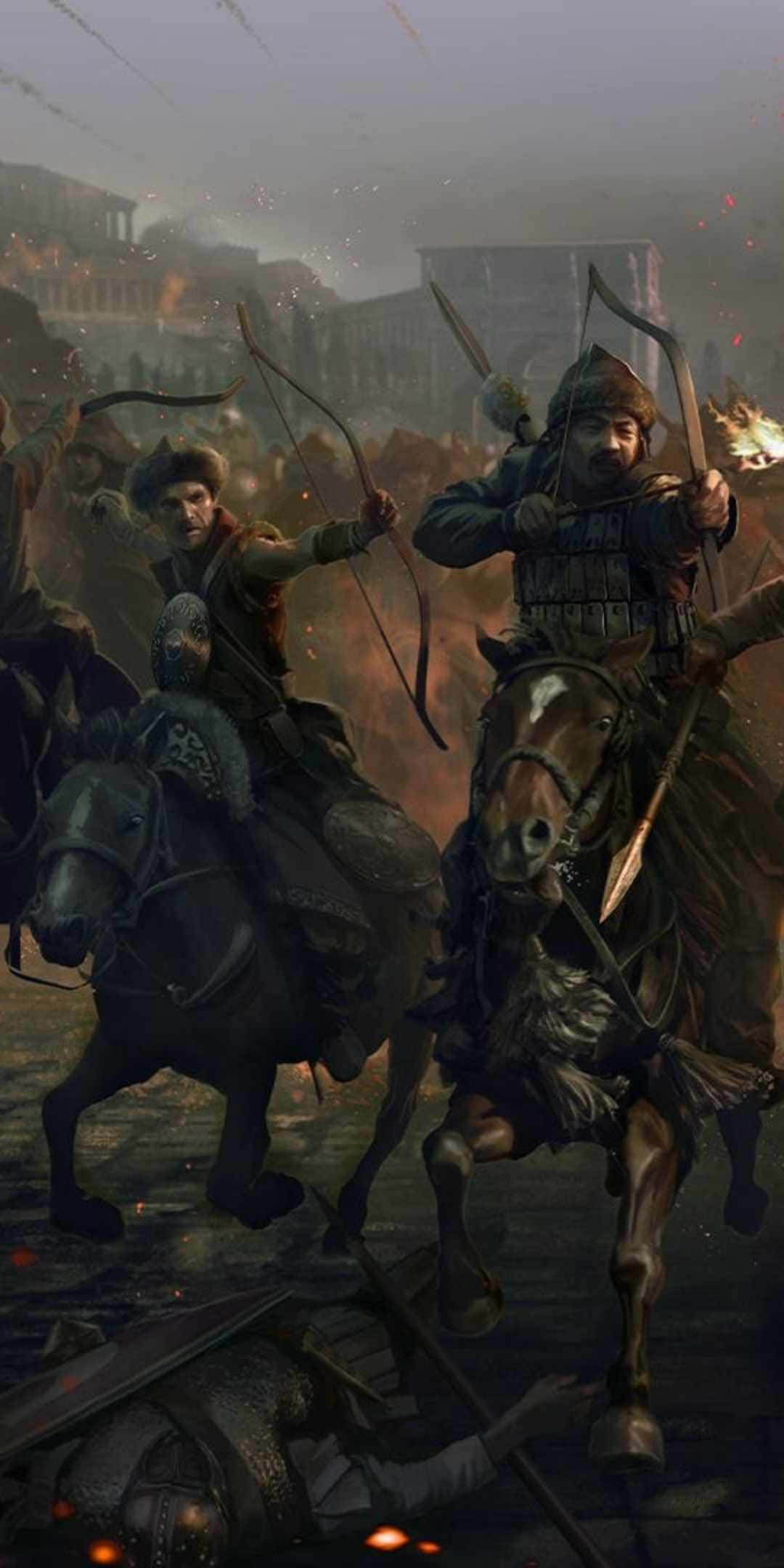 Pixel 3 Total War Attila 桌布 壁紙 — 身穿盔甲的騎兵戰士在煙霧瀰漫的戰場上衝鋒，伴隨著燃燒的箭矢和倒下的士兵，穿梭於古代廢墟之間。