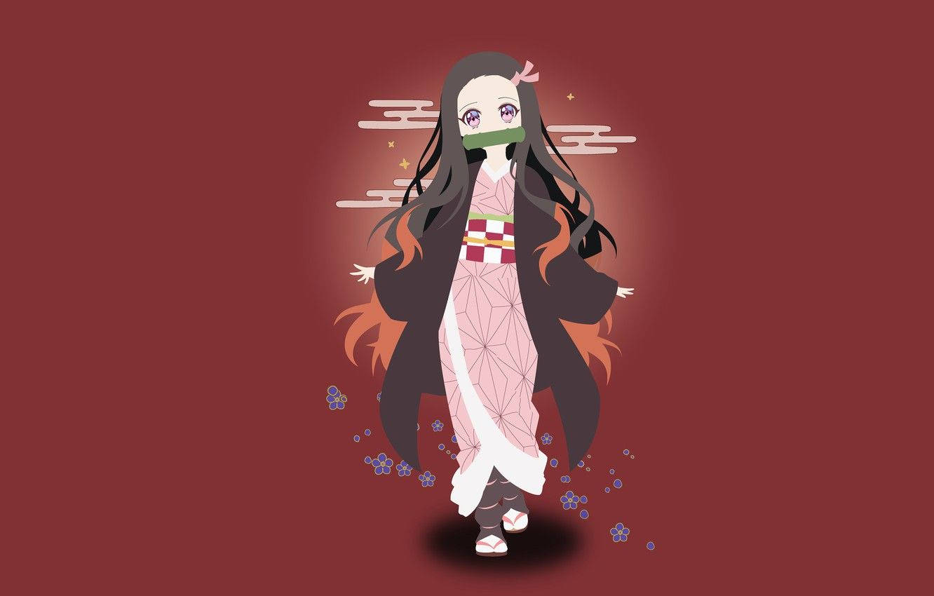 禰豆子 桌布 壁紙 — 身穿粉紅色和服、戴著綠色口罩的動漫女孩，站在深紅色背景前，背景有飄浮的花朵和風格化的雲朵。