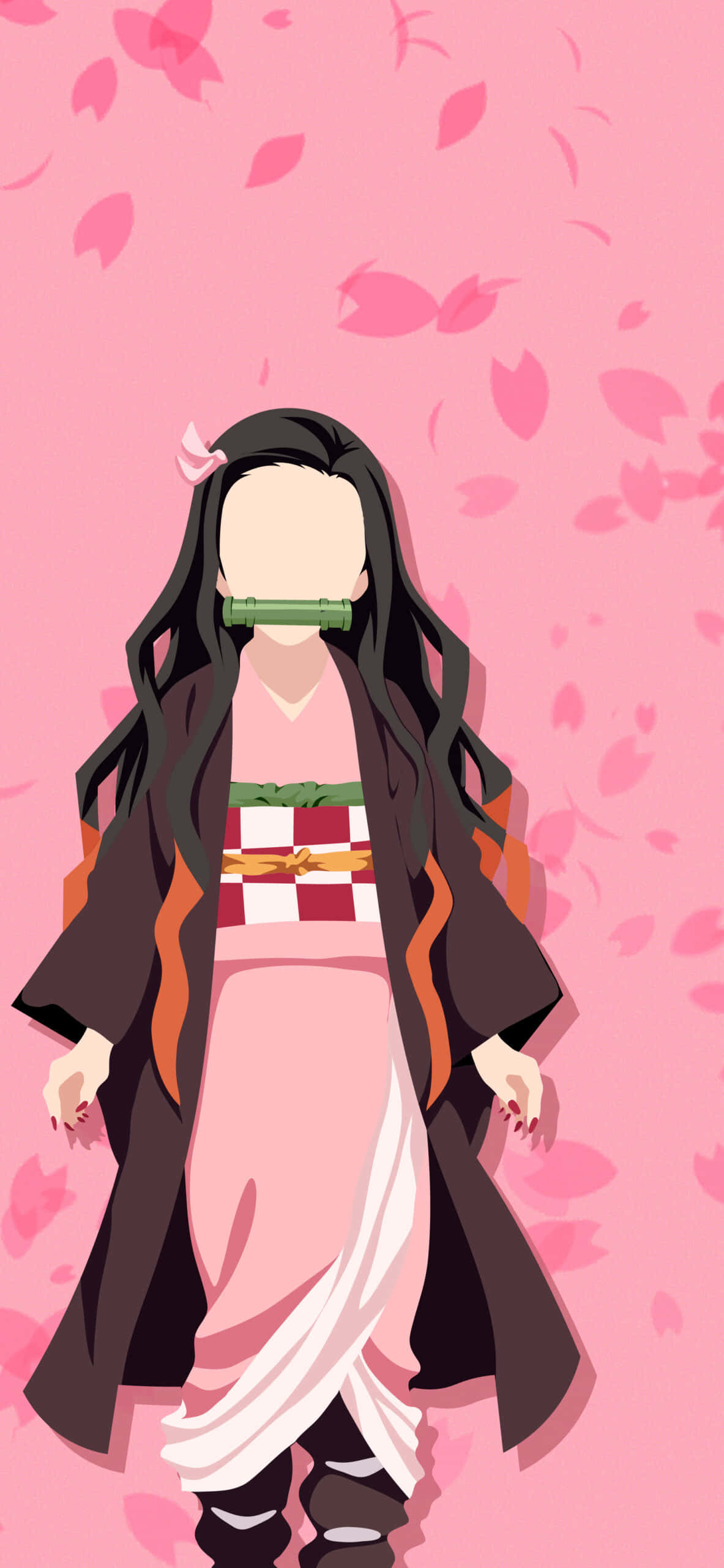 鬼滅之刃 桌布 壁紙 — 身穿粉紅色和服、手持竹製吹口的動漫女孩，站在柔和的粉紅色背景中，周圍是飄落的櫻花。