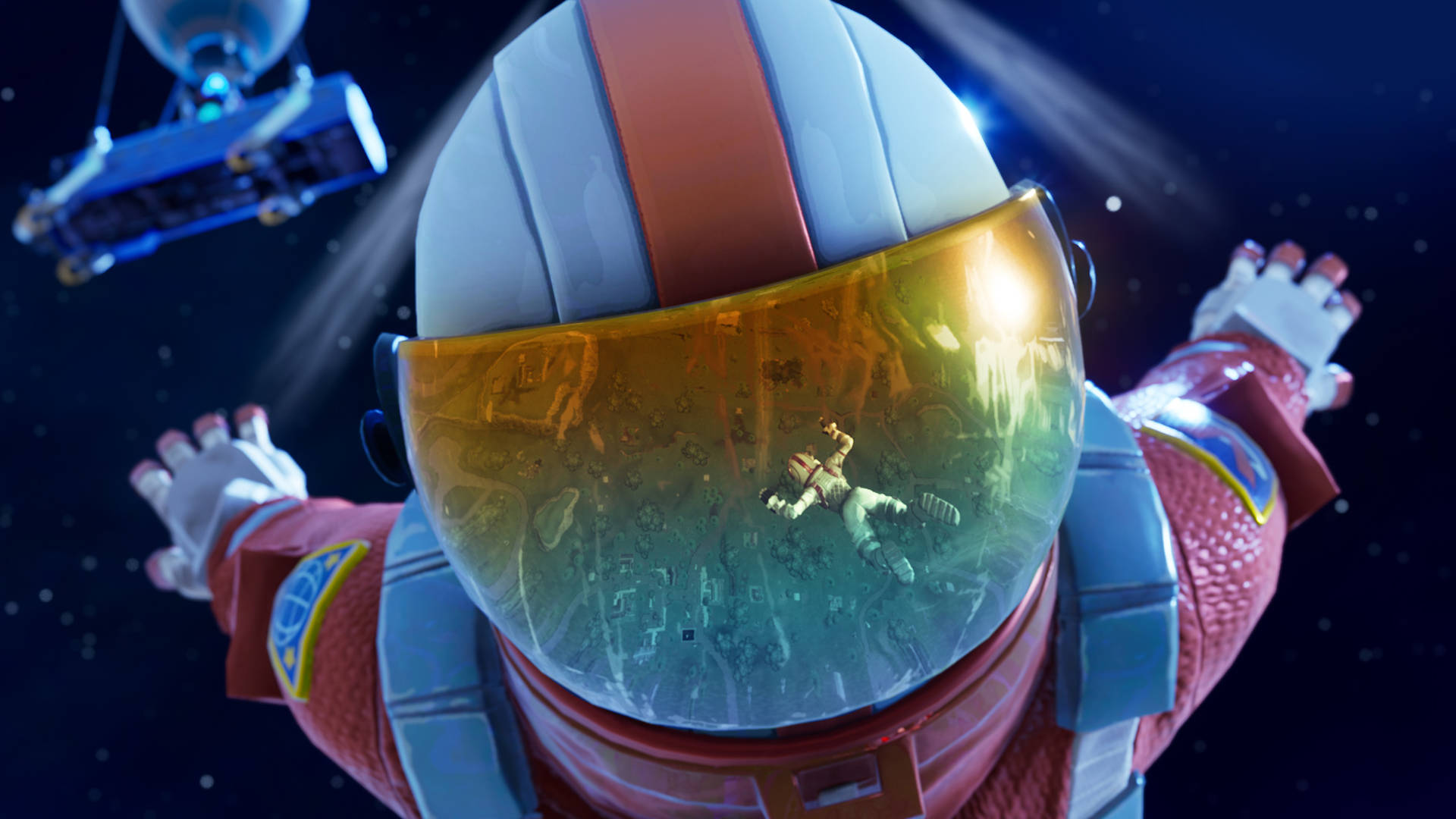 Fortnite 桌布 壁紙 — 身穿紅白太空衣的太空人在太空中漂浮，附近有衛星，背後有星場