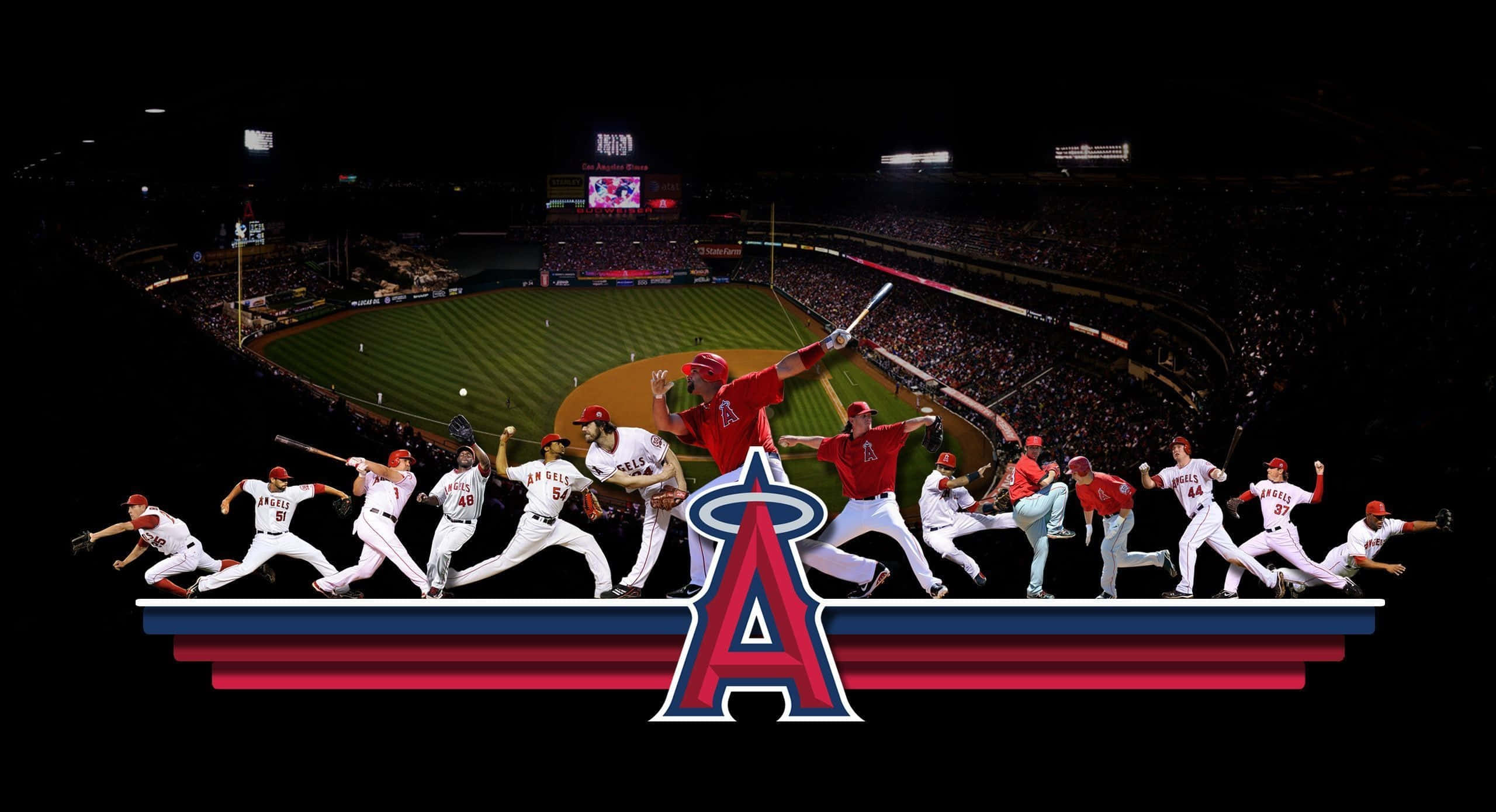 MLB Teams 桌布 壁紙 — 身穿紅白球衣的棒球運動員在夜間球場擺出姿勢，下方有球隊標誌。