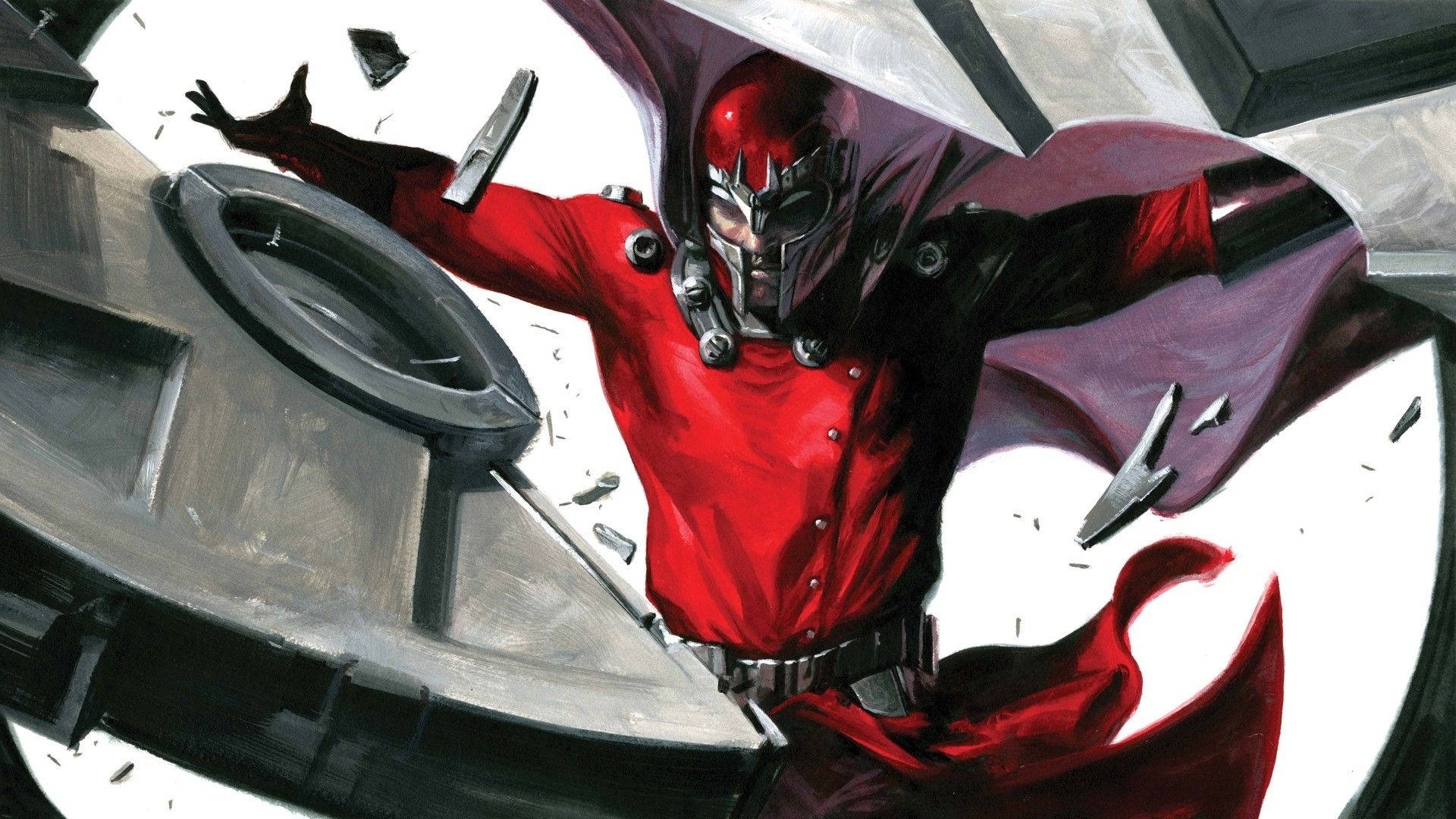 Magneto 桌布 壁紙 — 身穿紅紫戰服的萬磁王以磁力粉碎金屬結構，動感漫畫插圖。