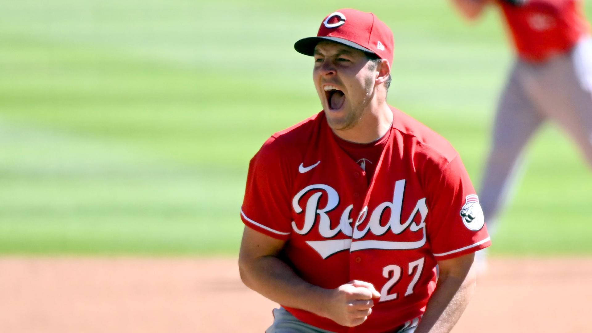 Reds 桌布 壁紙 — 身穿紅色Reds球衣的棒球運動員在陽光明媚的球場上勝利地吶喊，背景有模糊的隊友。