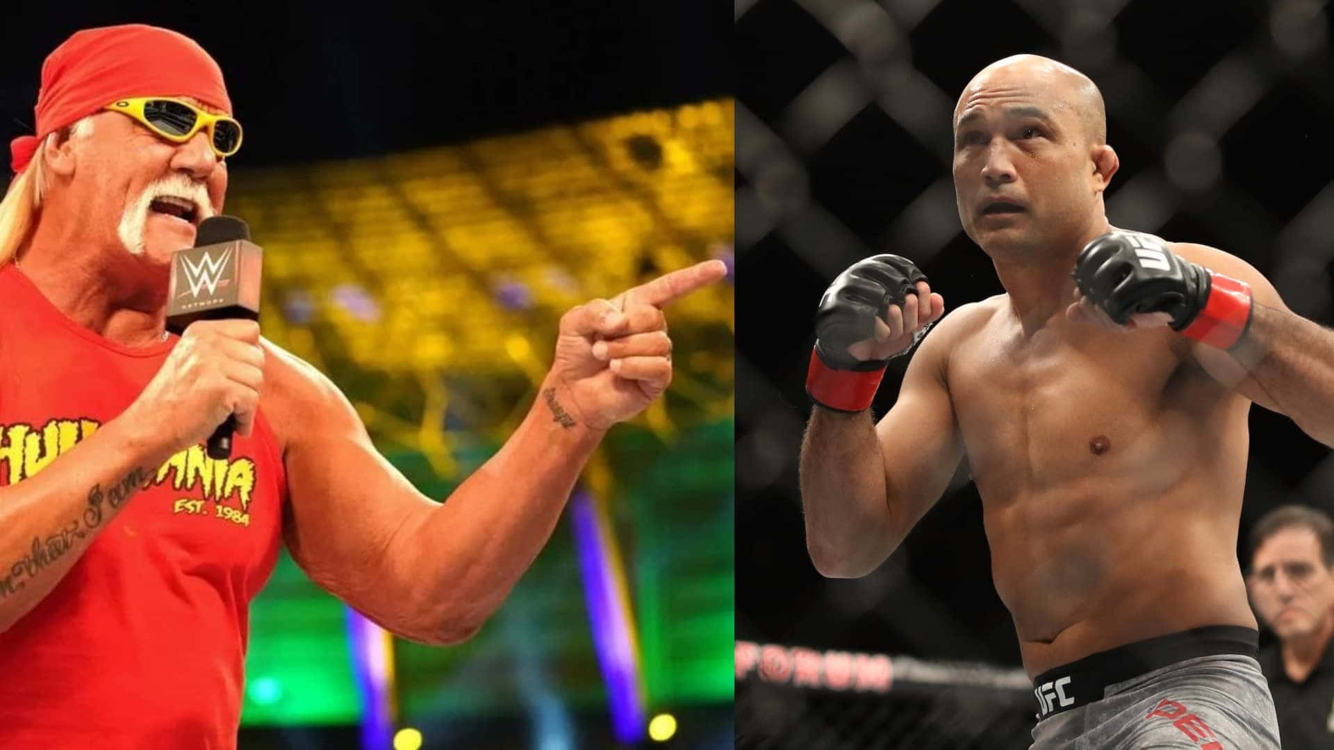 UFC 桌布 壁紙 — 身穿紅色WWE裝備的Hulk Hogan在籠中精力充沛地指向旁邊一位赤裸上身的UFC拳手。