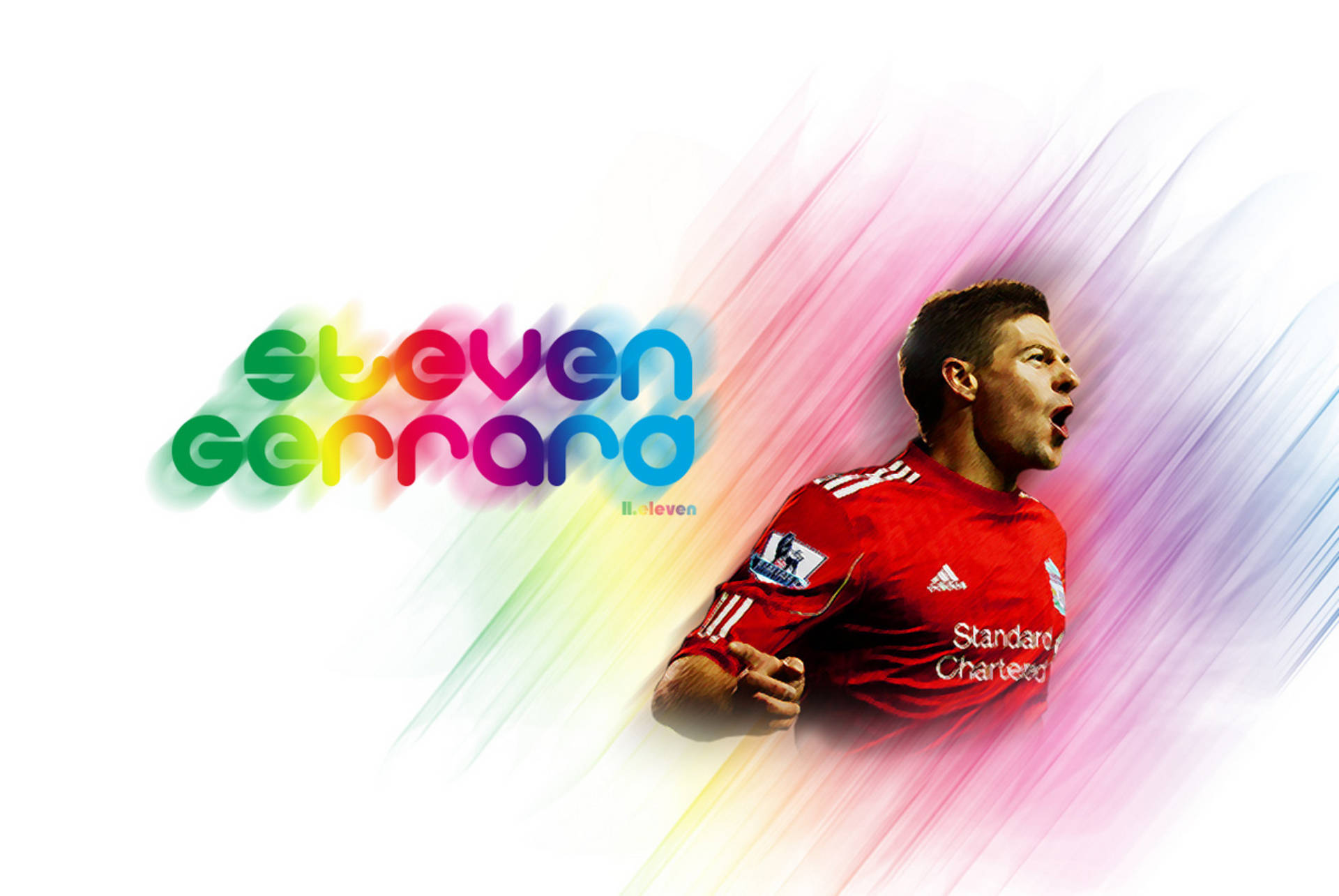 Steven Gerrard 桌布 壁紙 — 身穿紅色利物浦球衣的史蒂文·傑拉德，帶有彩虹名字圖案和動態模糊背景。