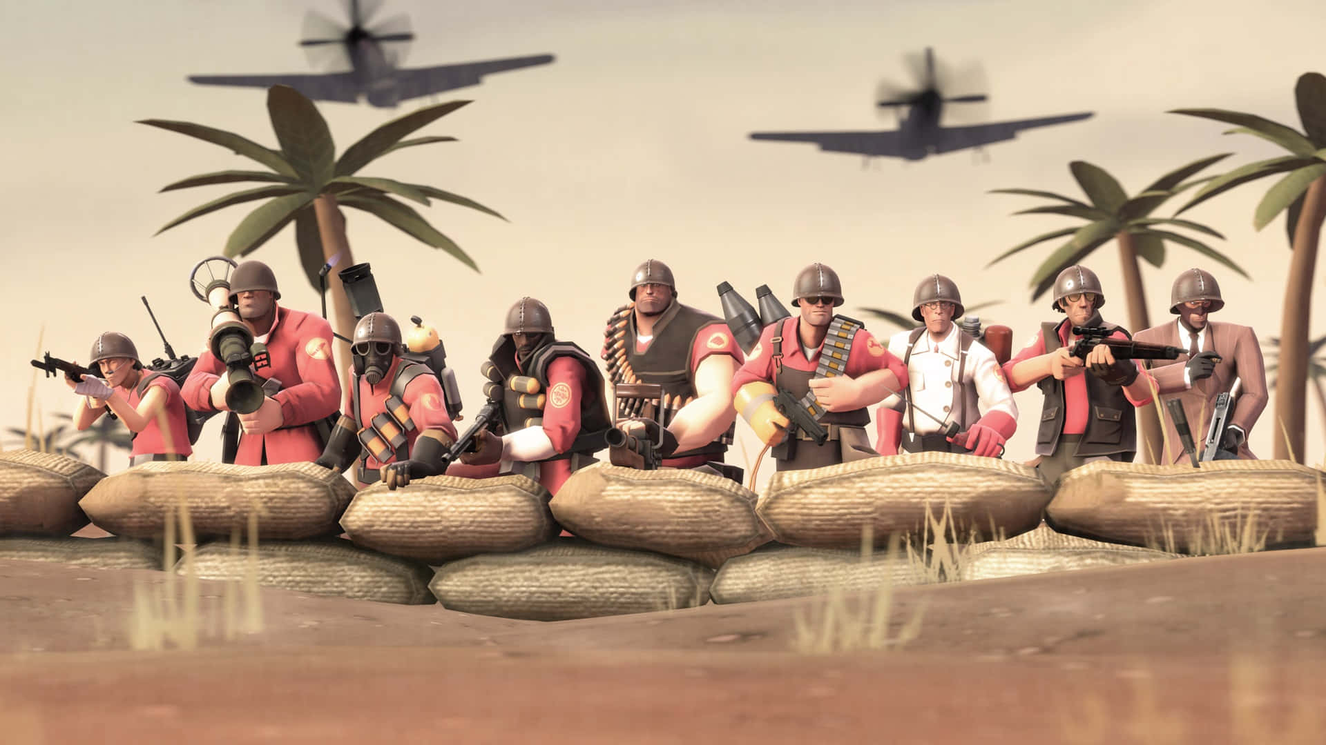 Team Fortress 2 Characters 桌布 壁紙 — 身穿紅色制服和頭盔的士兵在棕櫚樹下的沙袋後方採取防禦陣地，飛機在頭頂飛過。