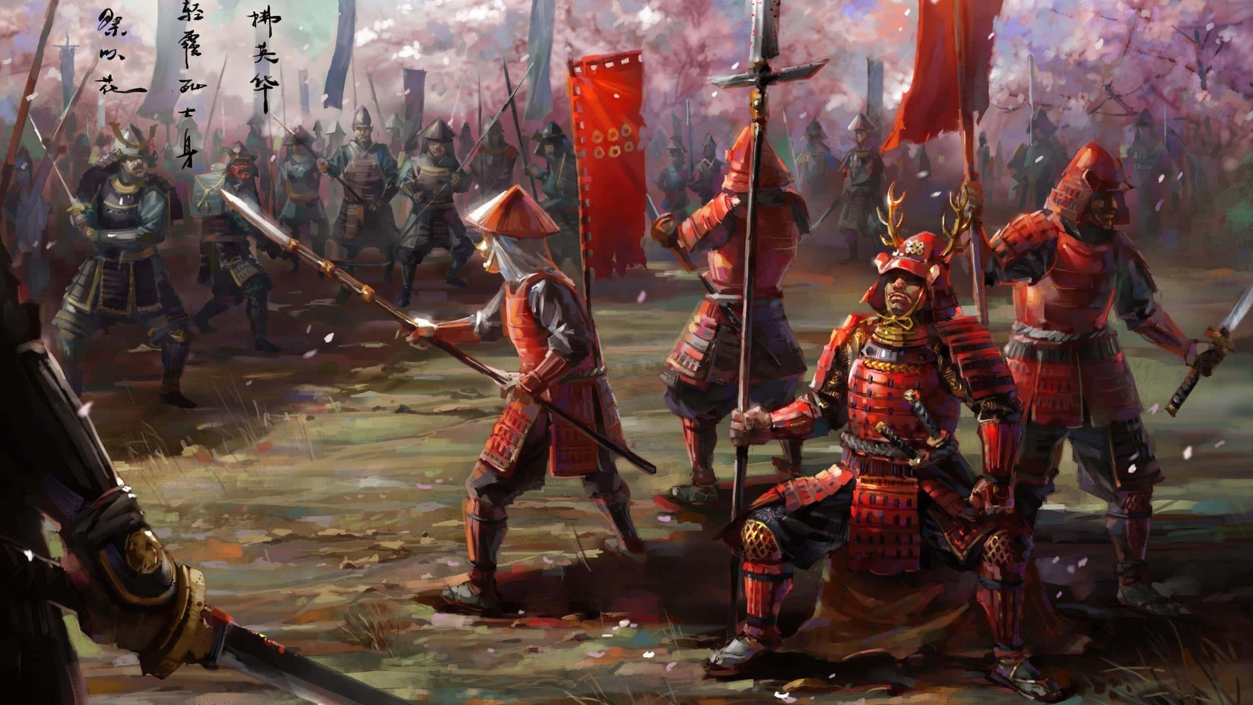 Samurai Battle 桌布 壁紙 — 身穿紅色和金色盔甲的武士戰士在霧氣瀰漫的田野中，在飄落的櫻花下準備戰鬥。