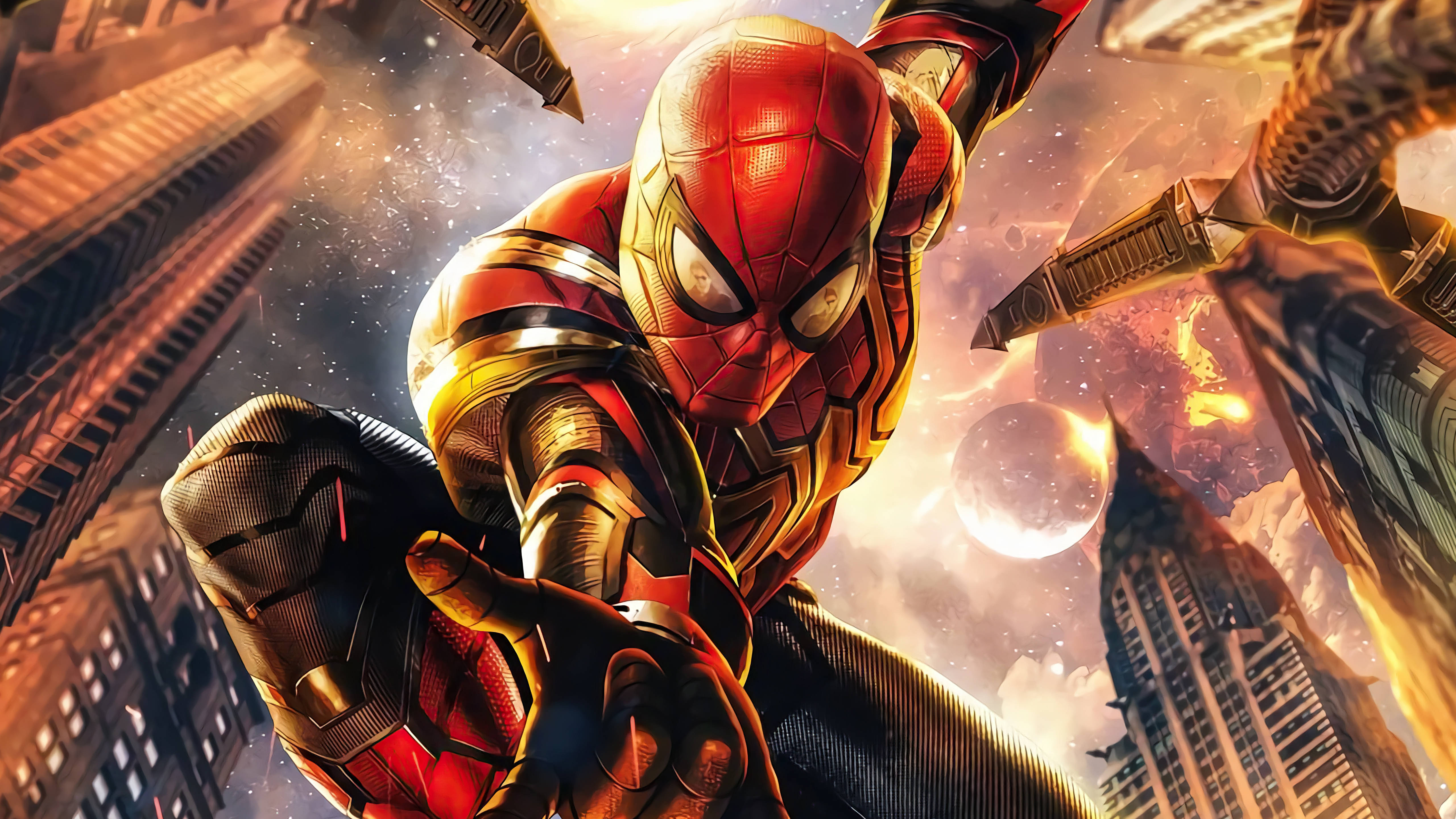 Spider Man No Way Home 桌布 壁紙 — 身穿紅色和金色盔甲的蜘蛛俠在摩天大樓和發光月亮的背景下，動態地跳過熾熱的城市峽谷。