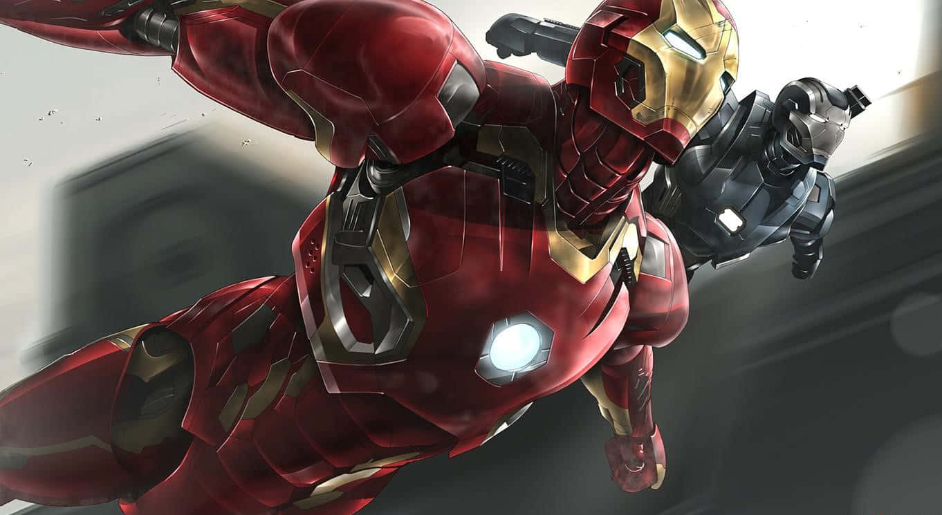 1366x768 Iron Man 桌布 壁紙 — 身穿紅色和金色盔甲的鋼鐵人，在模糊的城市天空中動態翱翔，斥力燈閃爍發光。
