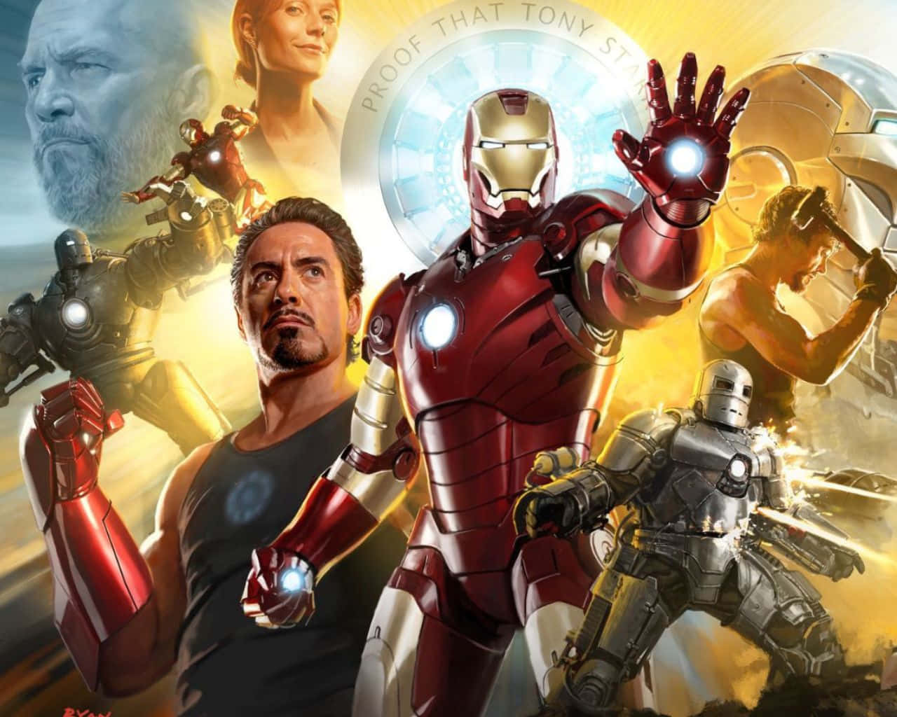 Iron Man Vs Iron Monger 桌布 壁紙 — 身穿紅色和金色盔甲的鋼鐵人，在漫威宇宙的關鍵角色和戰衣環繞下，英雄般地站立，散發著發光的斥力炮。