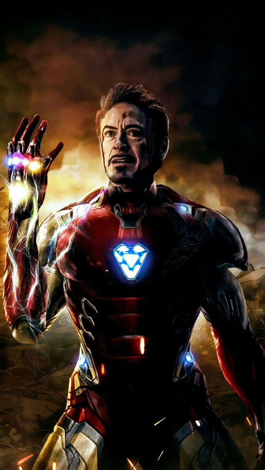 Iron Man Fan Art 桌布 壁紙 — 身穿紅色和金色盔甲的鋼鐵人，在黑暗煙霧繚繞的天空下，高舉發光的護手，表情強烈。