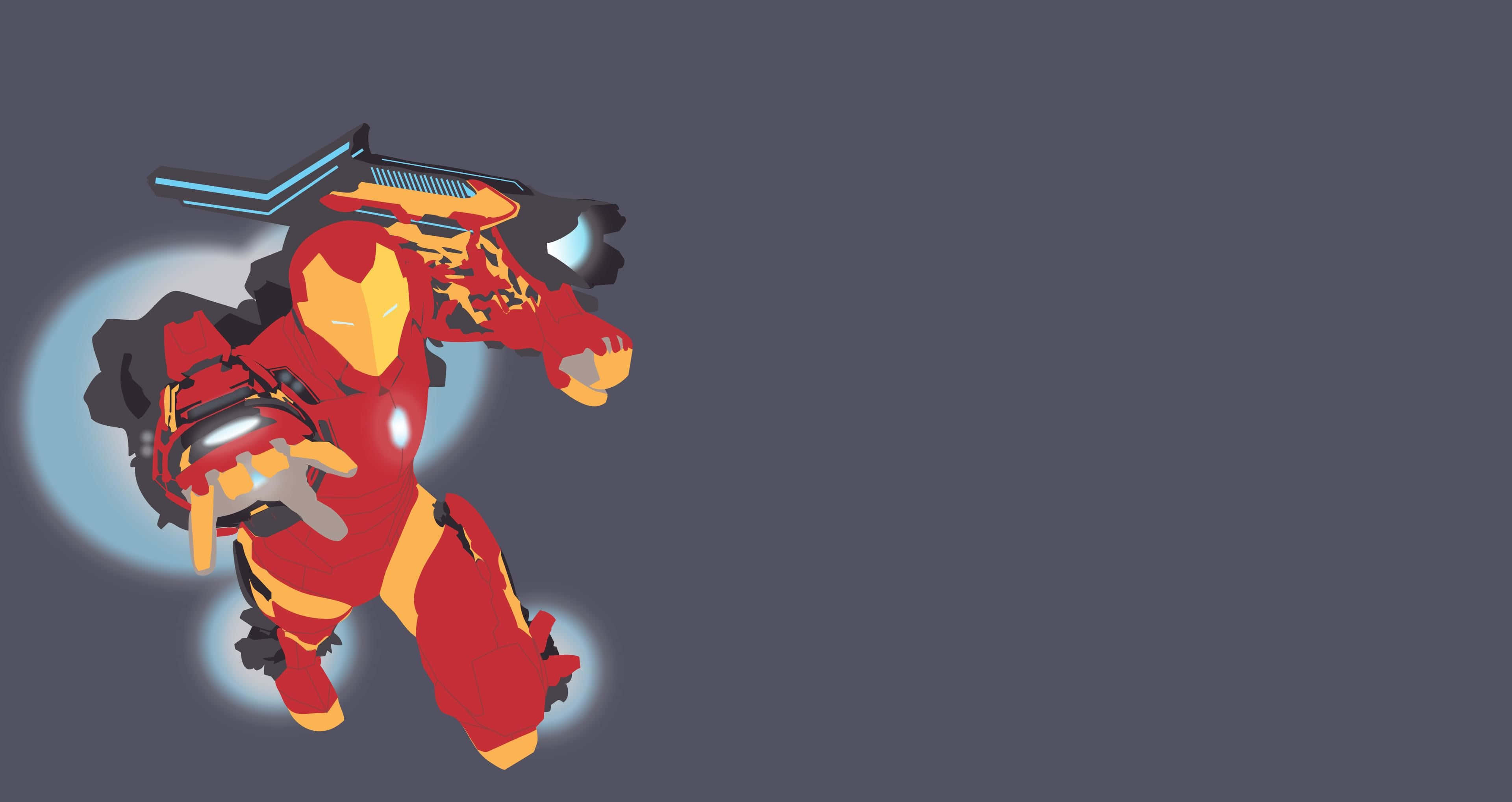 Iron Man Art 桌布 壁紙 — 身穿紅色和金色盔甲的鋼鐵人在深灰色背景上動態飛行，帶有發光的藍色能量軌跡。