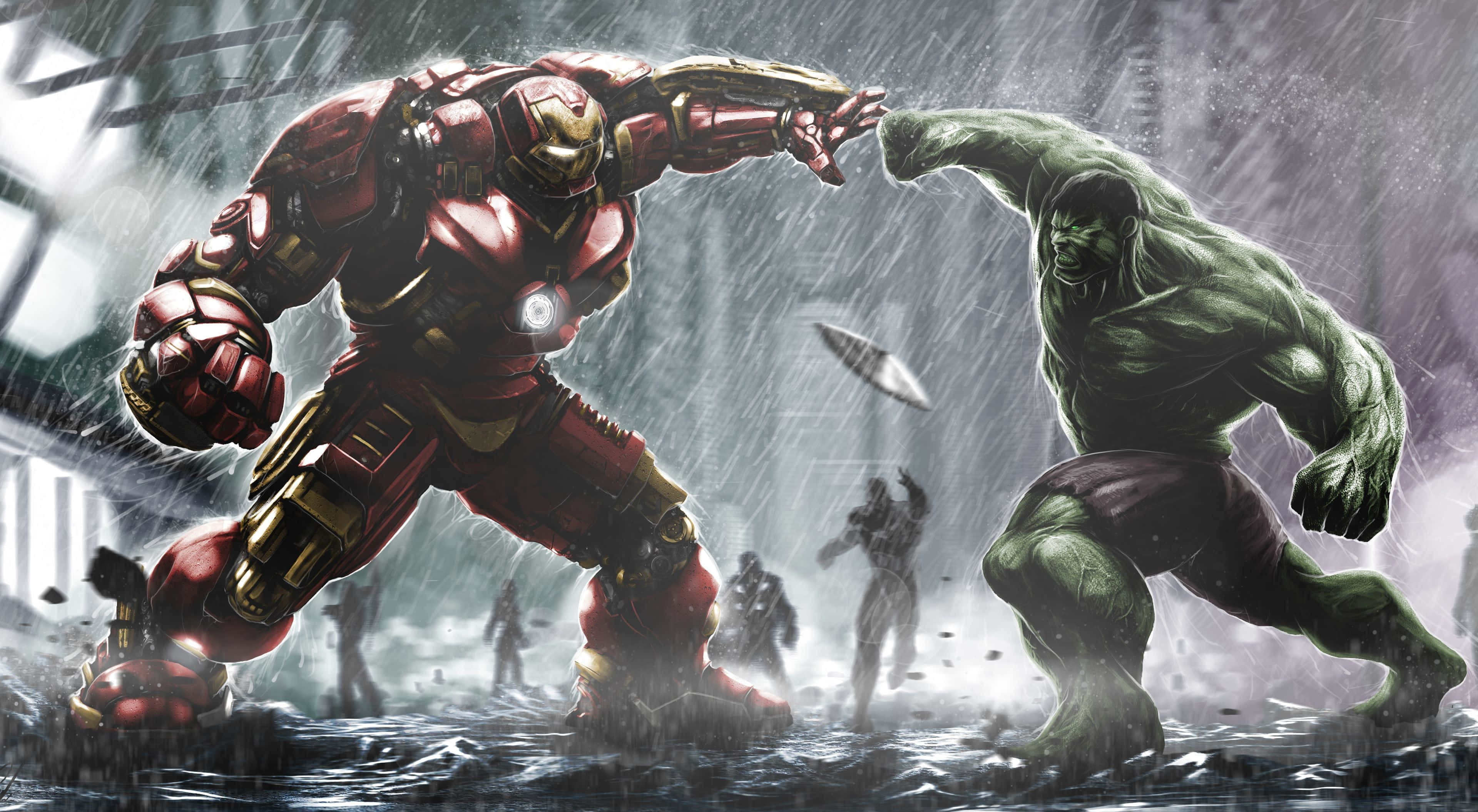 4K Marvel 壁紙 桌布 壁紙 — 身穿紅色和金色盔甲的鋼鐵人在濕透的都市戰場上與綠色的浩克激戰，碎片四處飛揚。