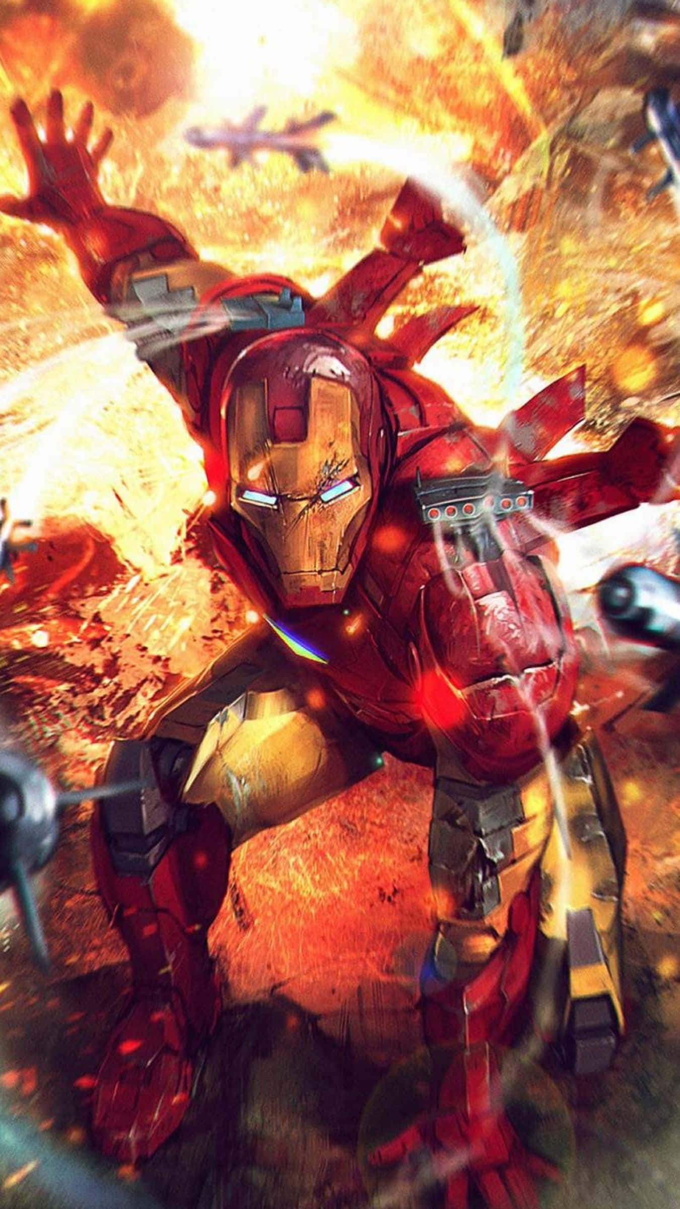 Iron Man Weapons 桌布 壁紙 — 身穿紅色和金色盔甲的鋼鐵人在熾熱的爆炸和飛揚的碎片中挑釁地站立。