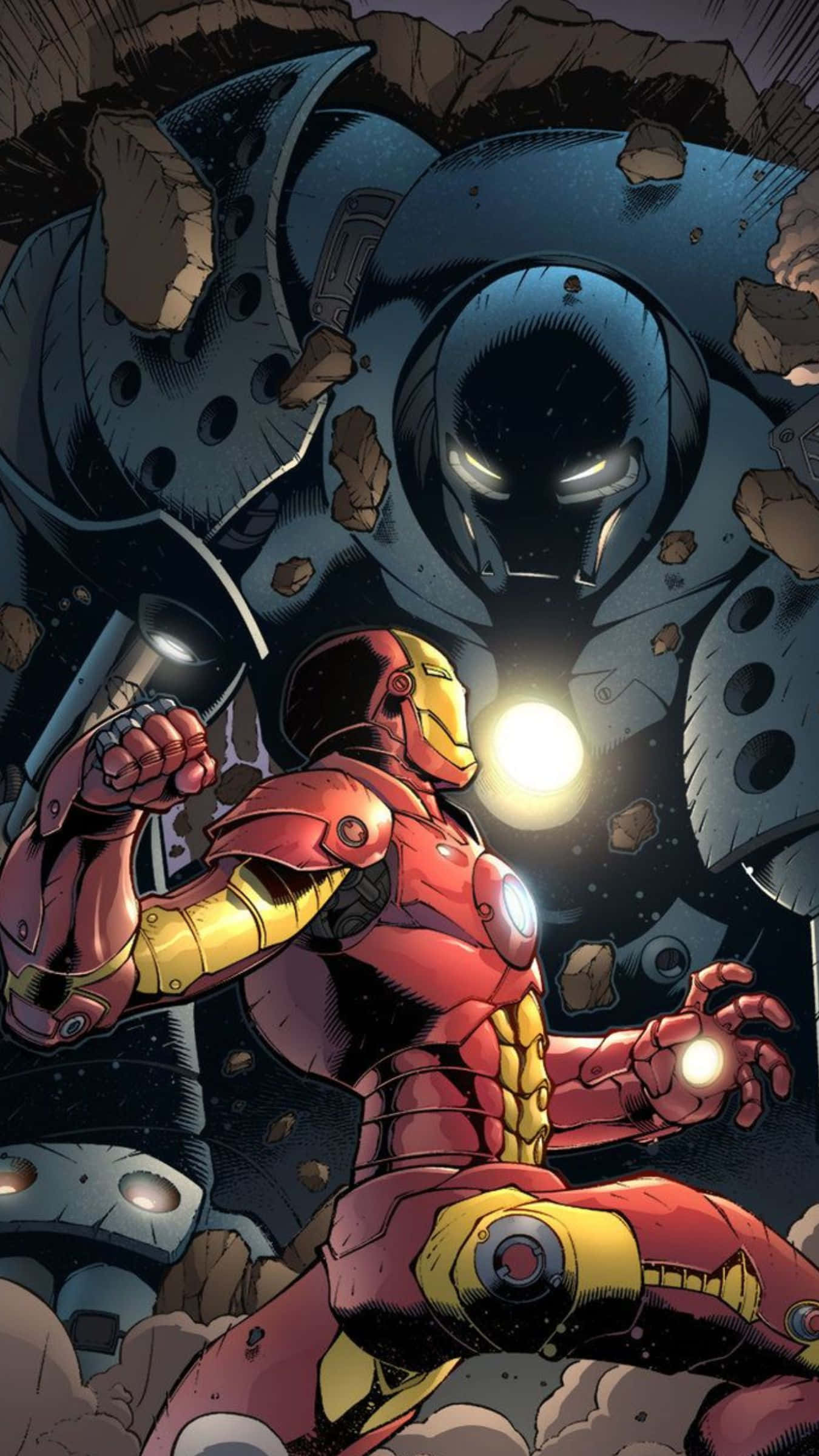 Iron Monger 桌布 壁紙 — 身穿紅色和金色盔甲的鋼鐵人在破碎的岩石戰場上，挑釁地對抗著一個高聳的藍色裝甲敵人。
