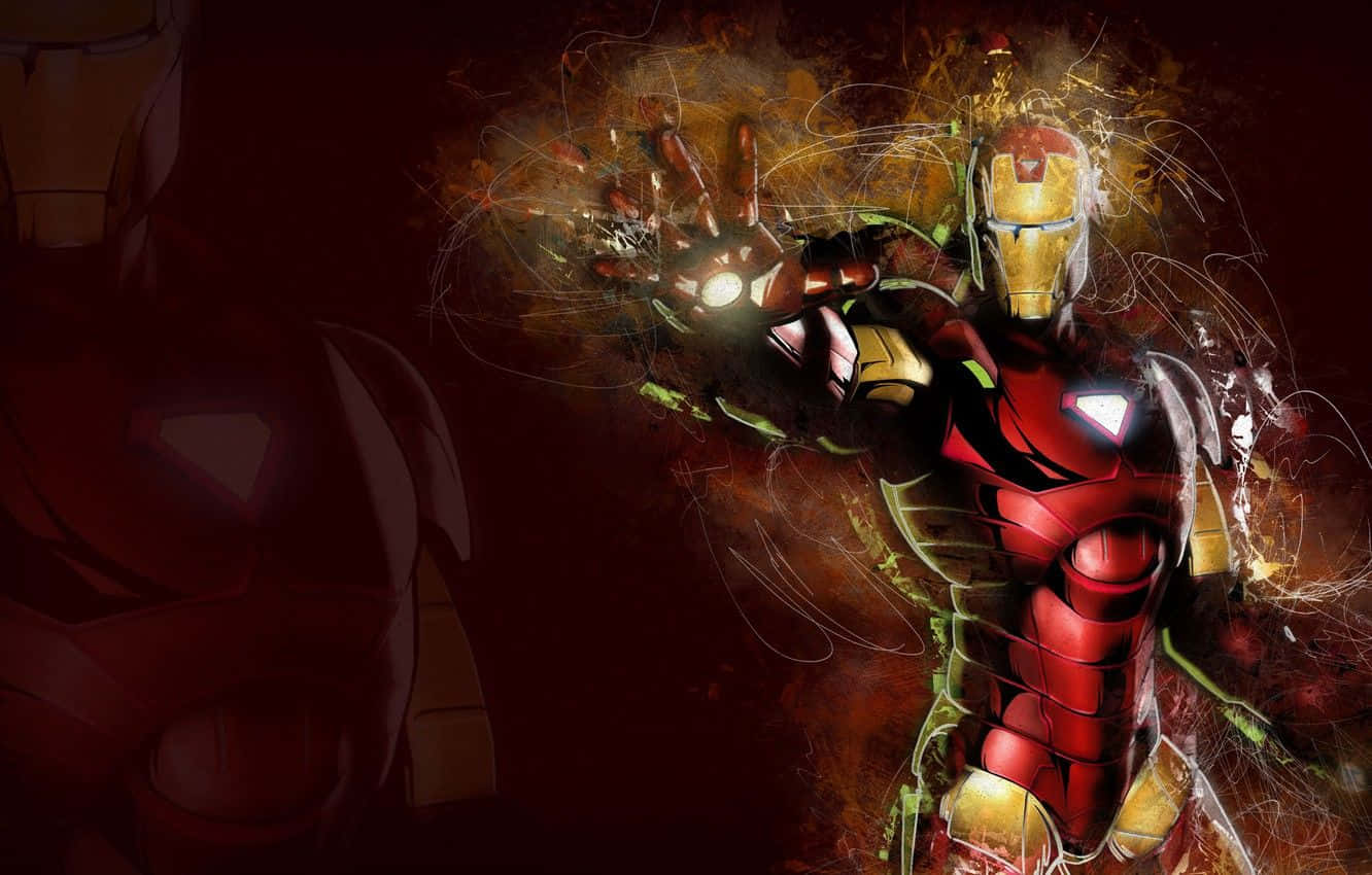 Iron Man Art 桌布 壁紙 — 身穿紅色和金色盔甲的鋼鐵人在黑暗背景下發射斥力炮，帶有發光的能量軌跡。