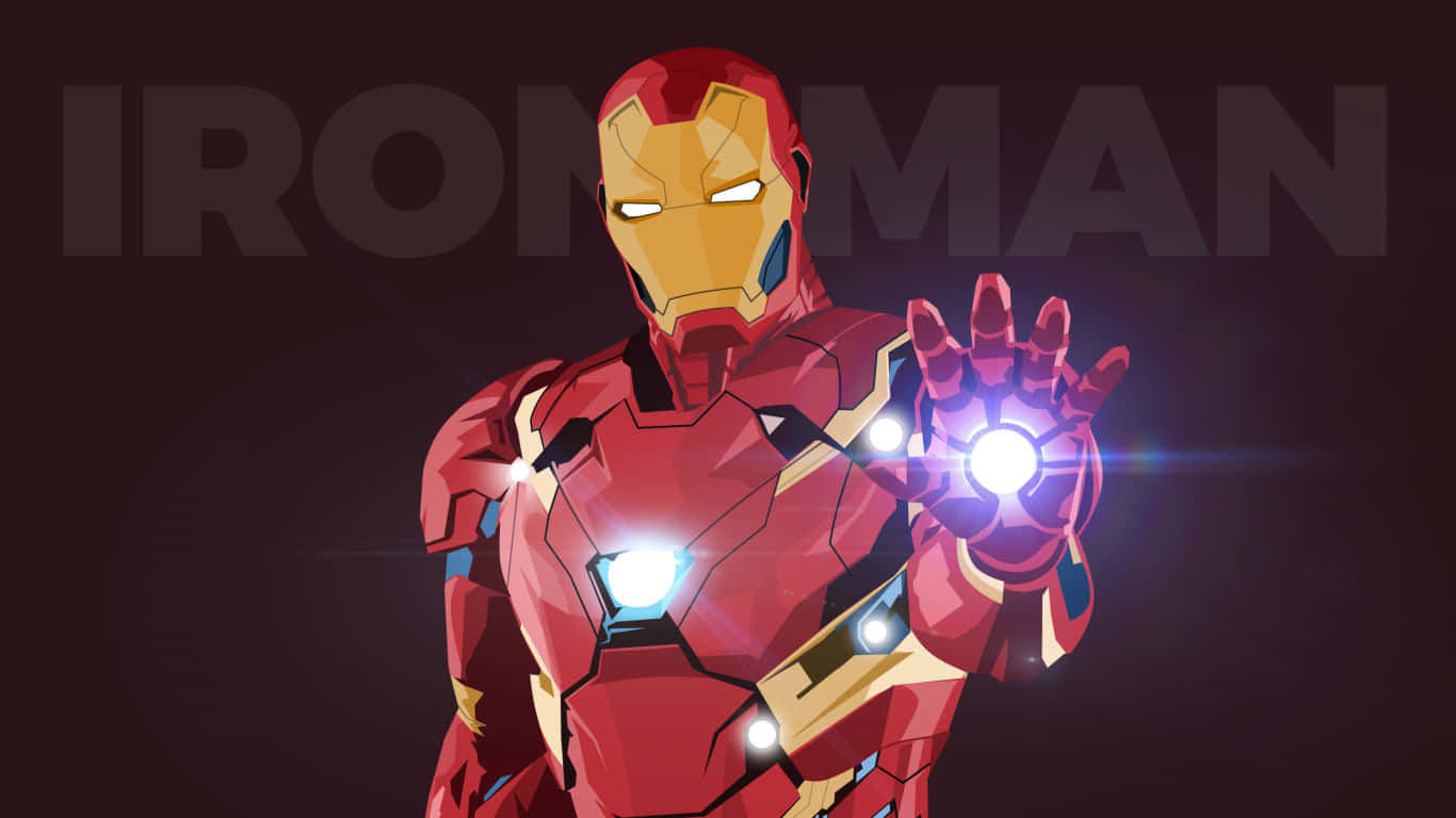 1366x768 Iron Man 桌布 壁紙 — 身穿紅色和金色盔甲的鋼鐵人在黑暗背景上伸出發光的斥力手，並帶有「IRON MAN」文字。