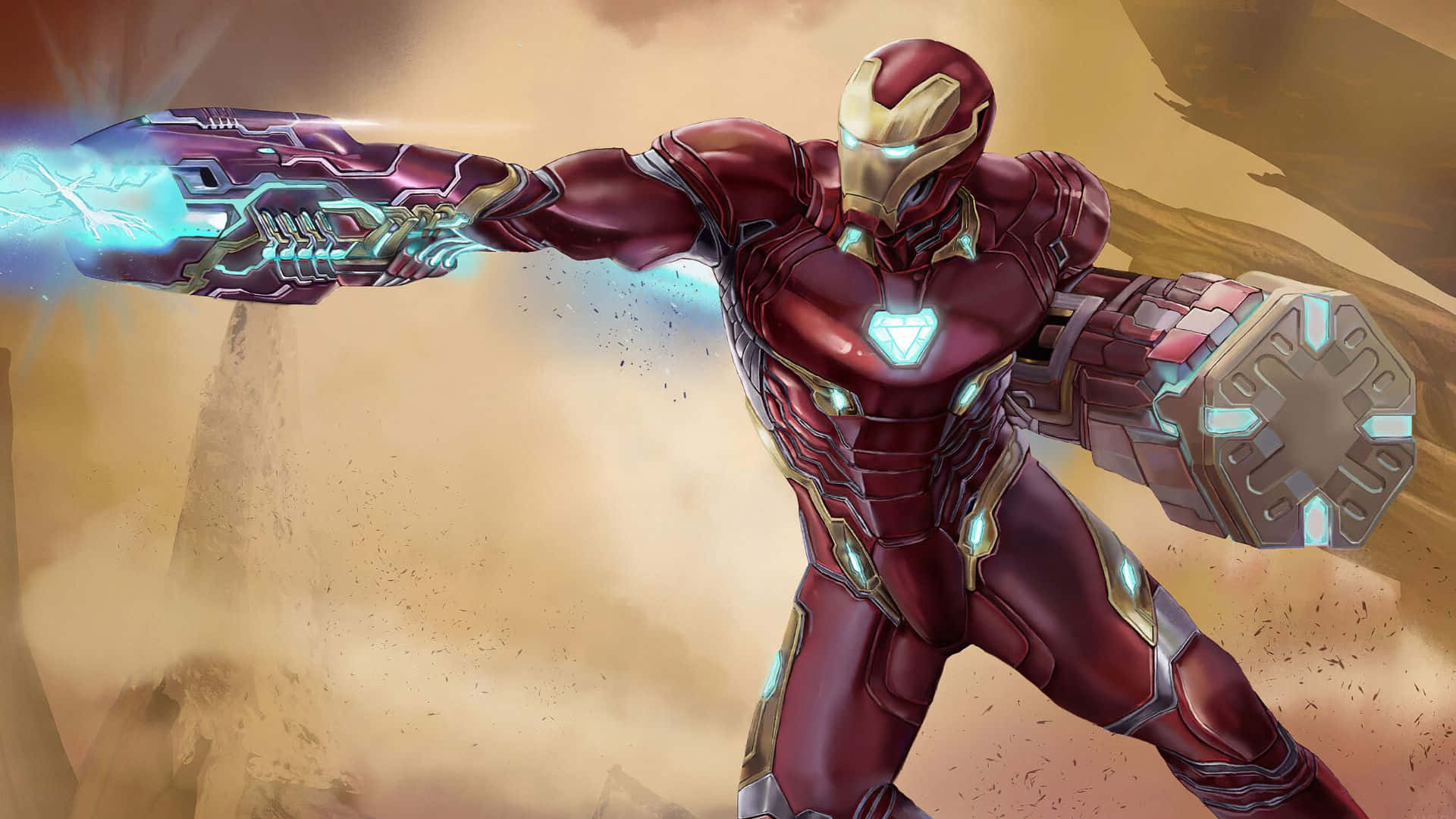 Iron Man Weapons 桌布 壁紙 — 身穿紅色和金色裝甲的鋼鐵人，在塵土飛揚的沙漠背景下，從他的斥力手發射發光的藍色能量衝擊波。