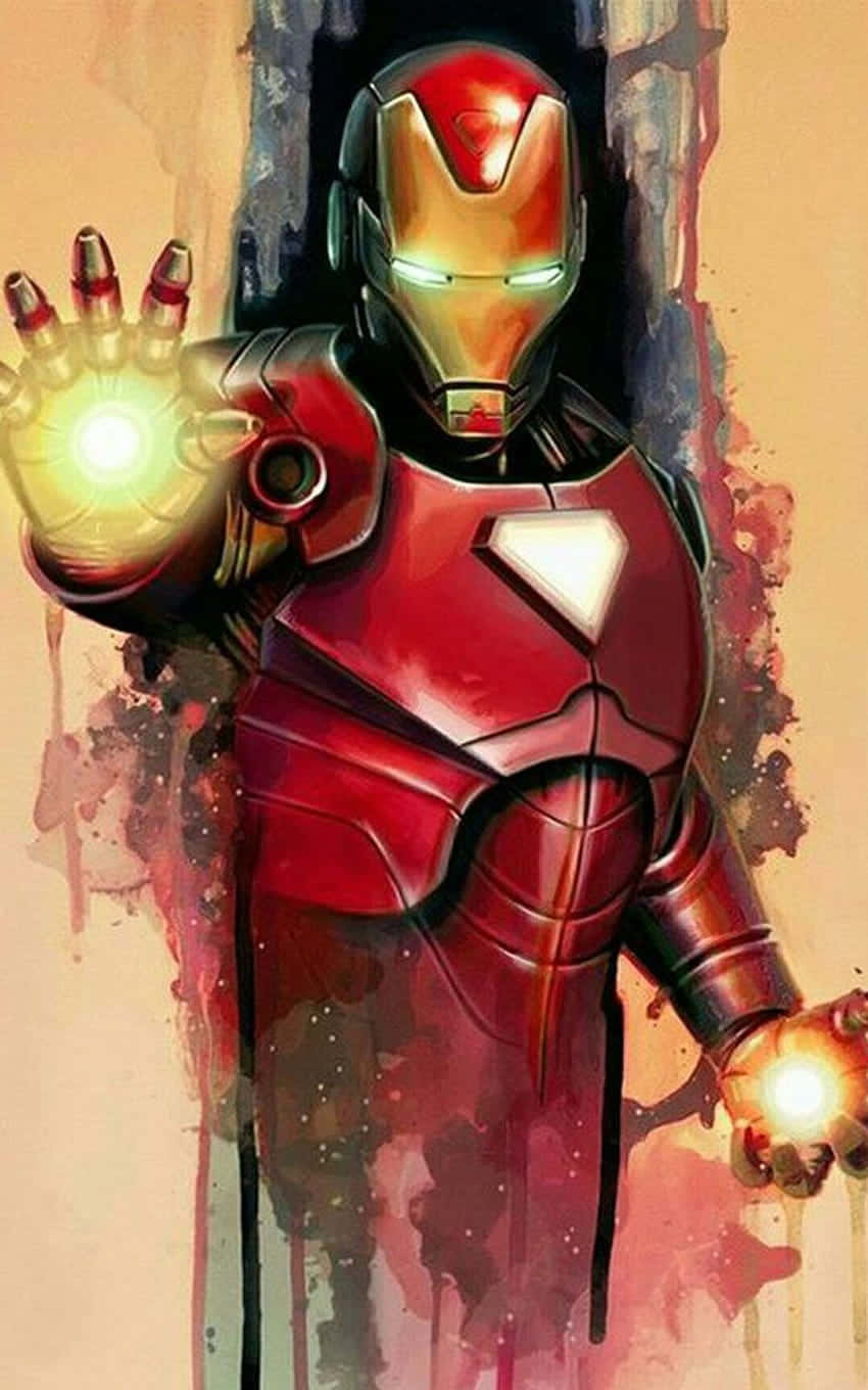 Iron Man Fan Art 桌布 壁紙 — 身穿紅色和金色裝甲的鋼鐵人，在帶有水彩潑濺效果的背景前，舉著發光的斥力手。