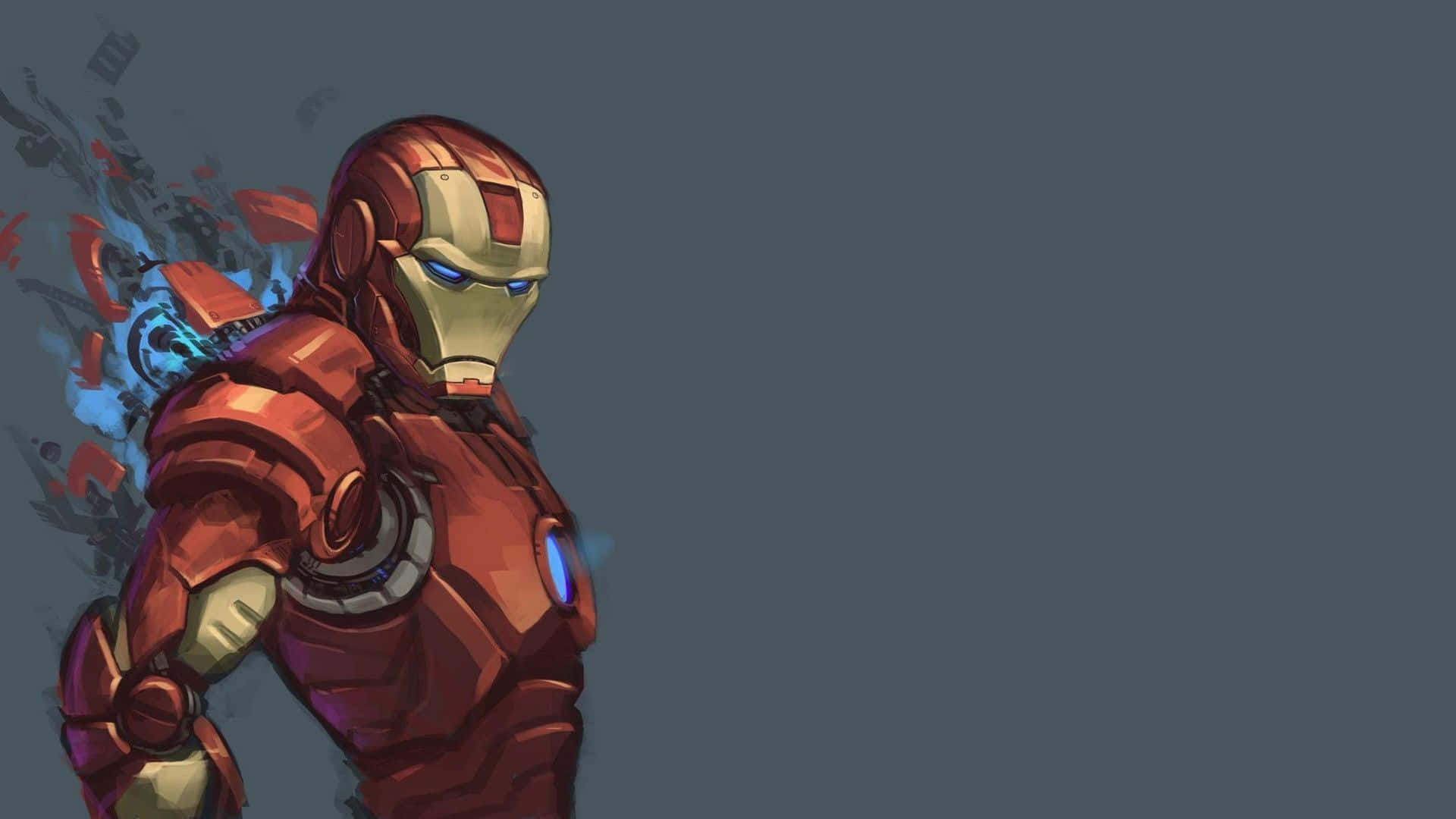 Iron Man Art 桌布 壁紙 — 身穿紅色和金色裝甲的鋼鐵人，在深灰色背景上擺出姿勢，藍色能量火花從他的背部飛出。
