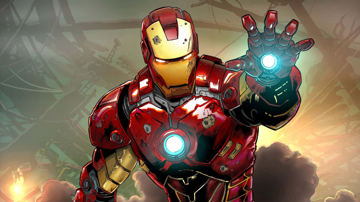 1366x768 Iron Man 桌布 壁紙 — 身穿紅色和金色裝甲的鋼鐵人，在煙霧彌漫的戰場背景下，英雄般地站著，發光的斥力手掌。