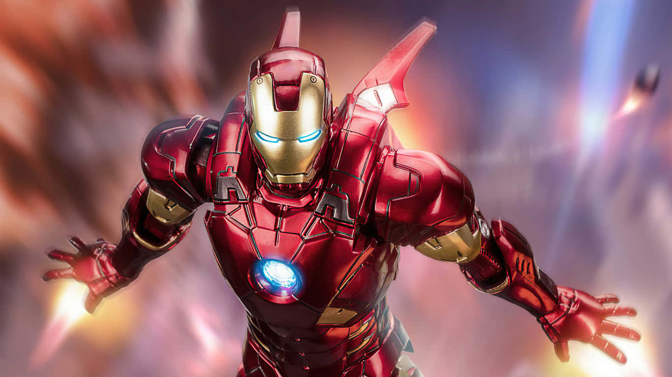 1366x768 Iron Man 桌布 壁紙 — 身穿紅色和金色裝甲的鋼鐵人，閃爍著藍色眼睛和斥力炮，在熾熱的宇宙背景下向前飛翔。