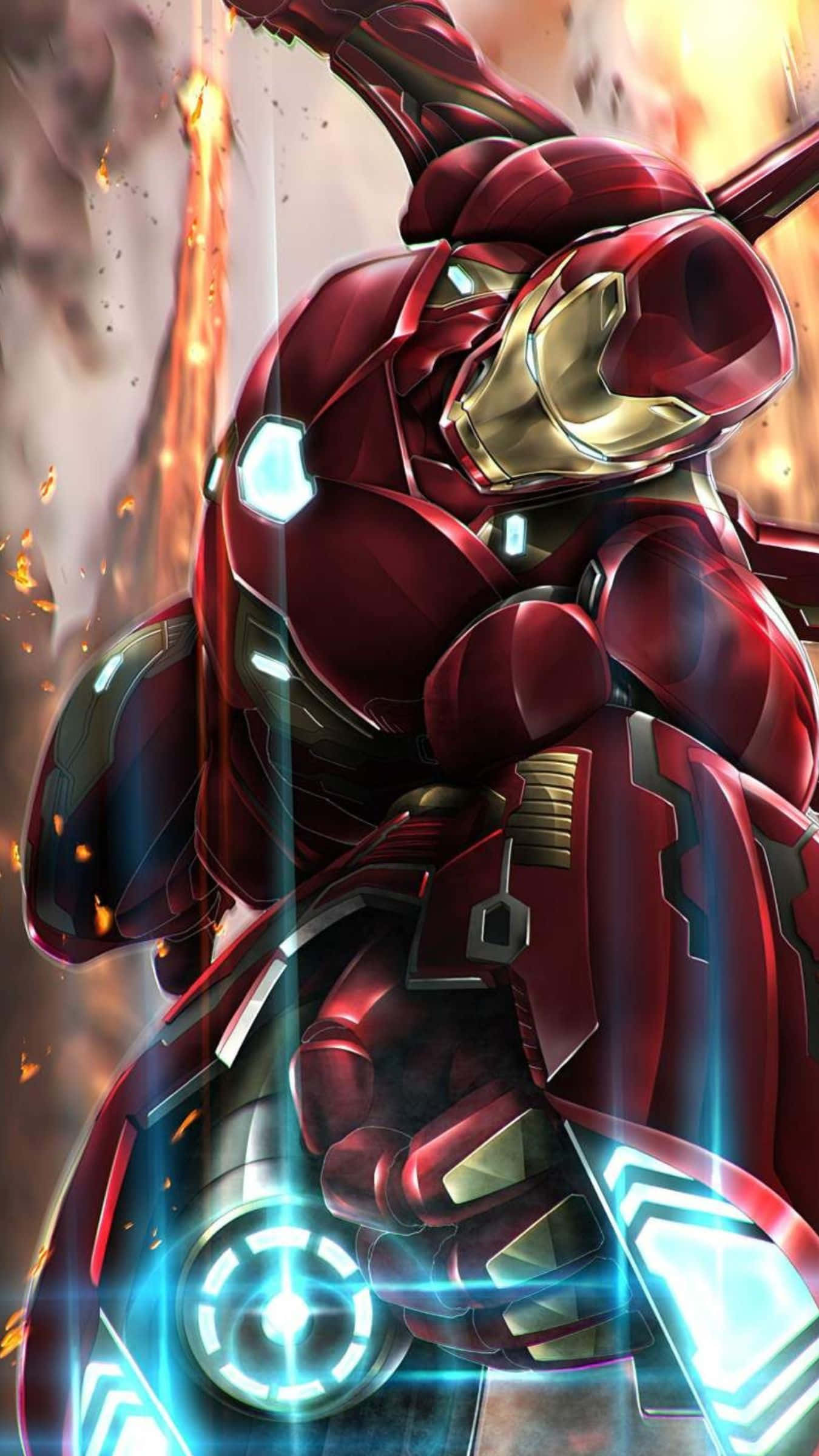 Iron Man Weapons 桌布 壁紙 — 身穿紅色和金色裝甲的鋼鐵人動態地站立，帶有發光的藍色斥力器和熾熱的背景火花。