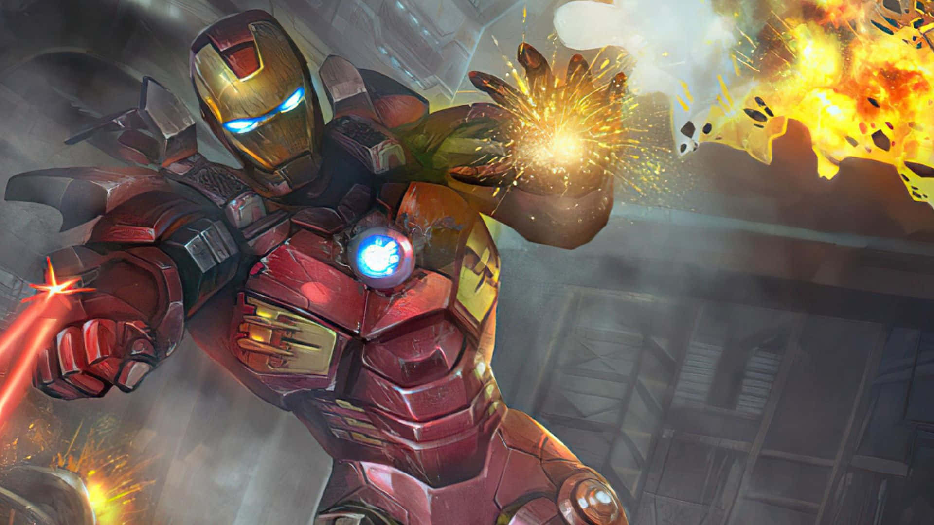 Iron Man Weapons 桌布 壁紙 — 身穿紅色和金色裝甲的鋼鐵人在 gritty 的城市戰場中，於熾熱的爆炸中發射斥力炮。