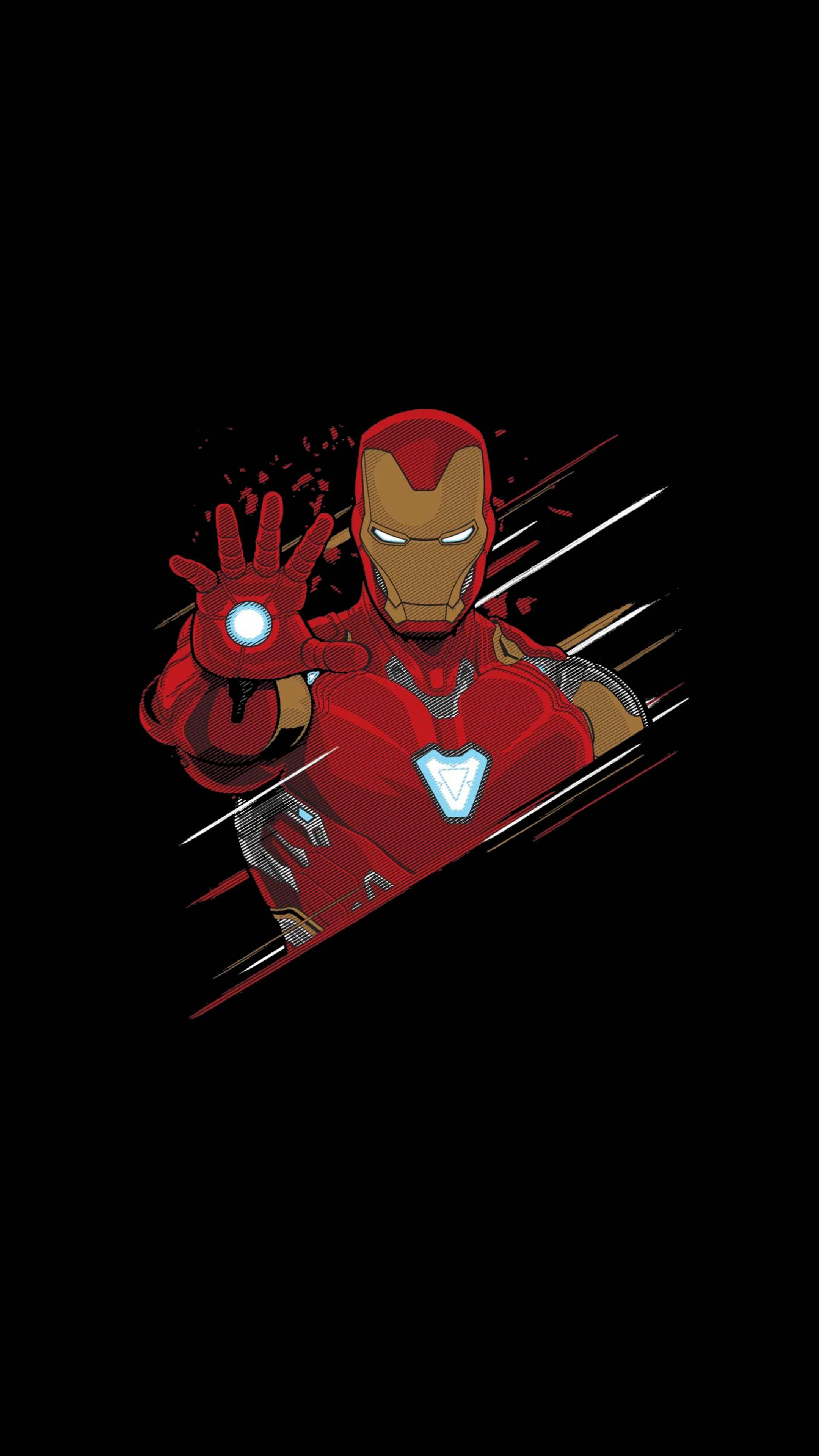 Iron Man Logo 桌布 壁紙 — 身穿紅色和金色裝甲的鋼鐵人在純黑色背景上伸出發光的斥力手，並帶有動態運動線條。